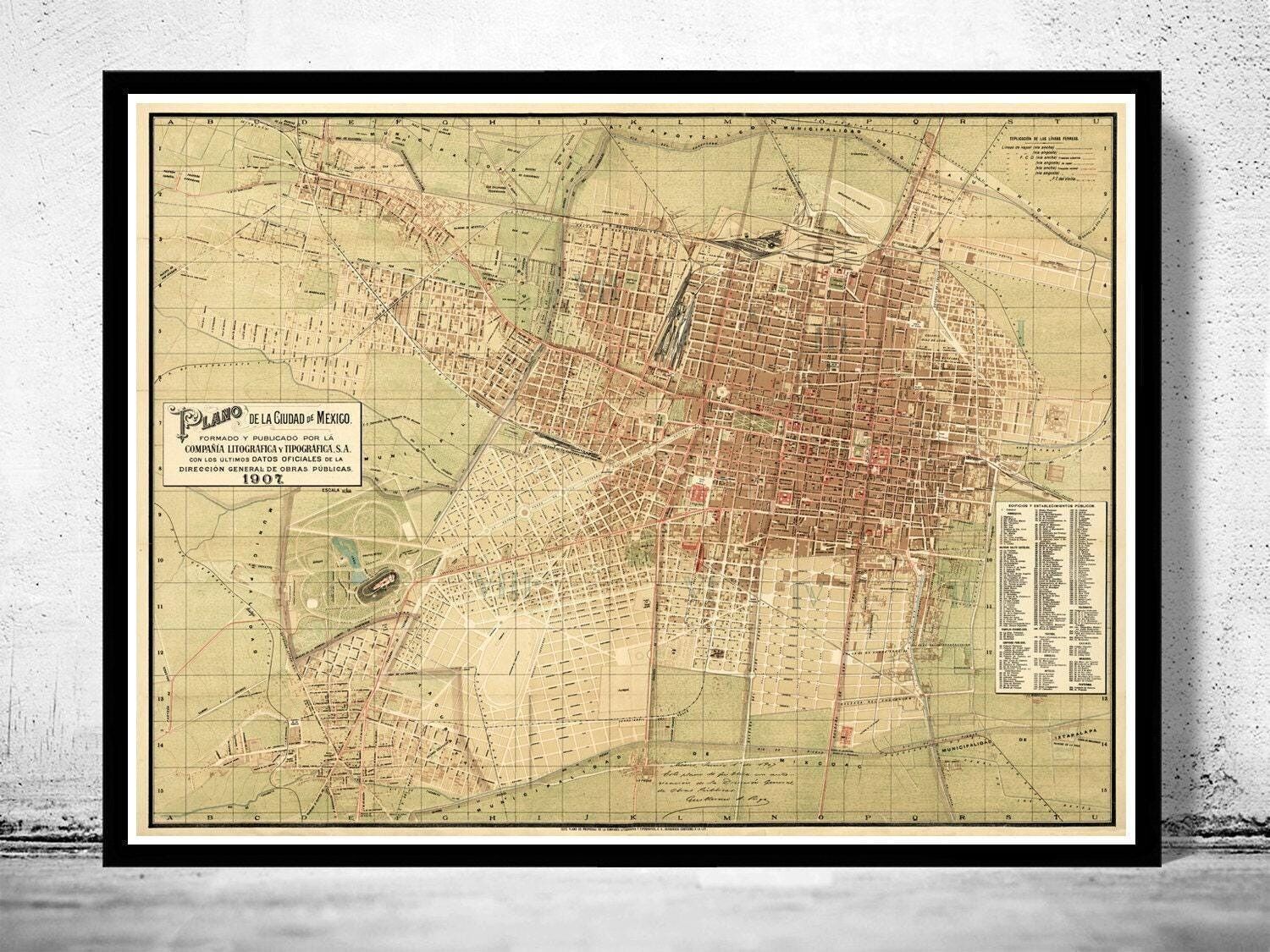 Vecchia mappa di Città del Messico, mappa vintage del 1907 | Stampa artistica da parete con mappa vintage