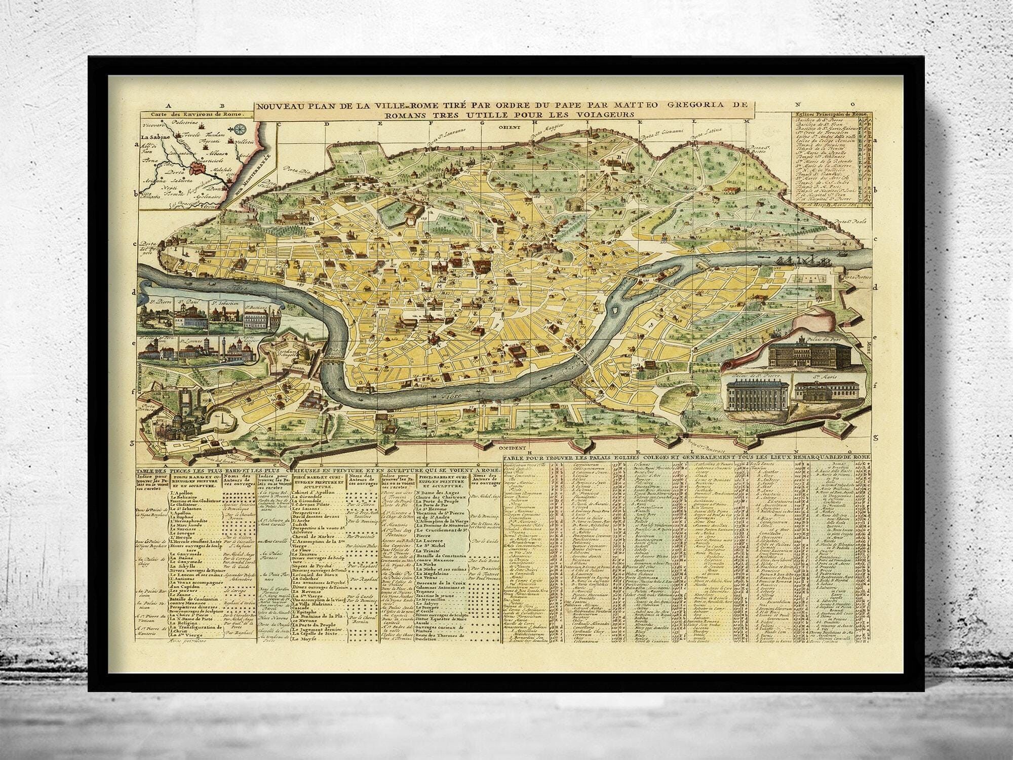 Antica mappa di Roma, Italia, 1719. Mappa di Roma d'epoca | Stampa artistica da parete con mappa d'epoca.