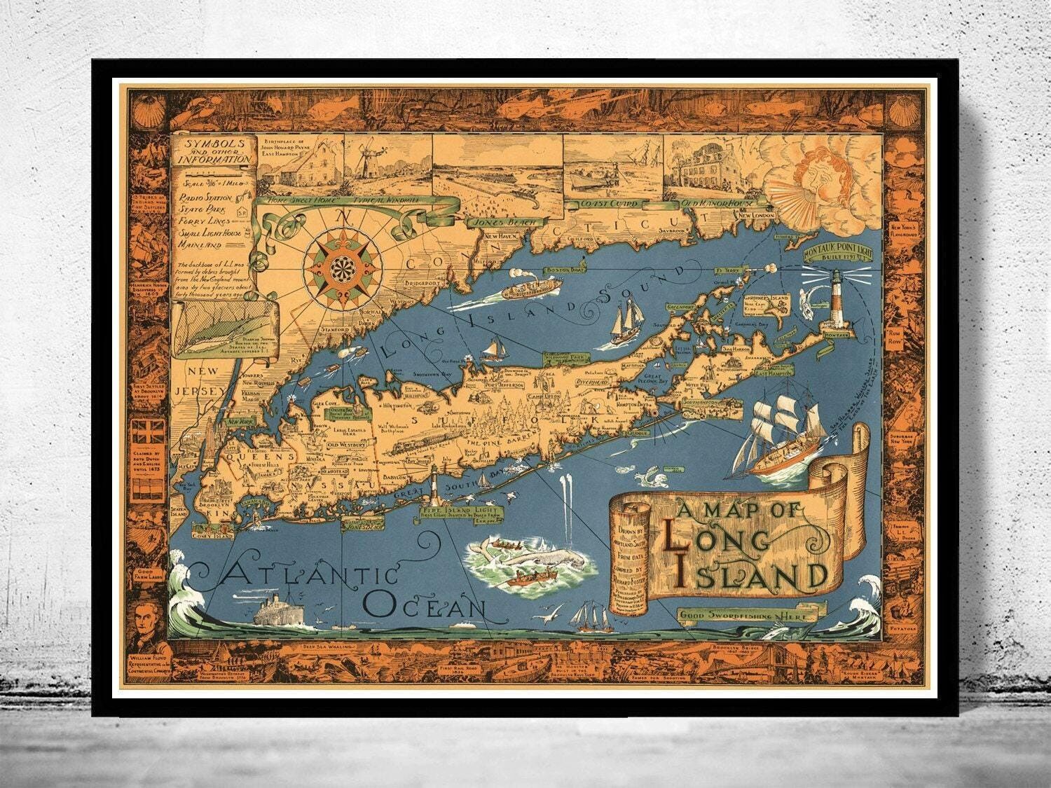 Vecchia mappa di Long Island, mappa vintage del 1933 | Stampa artistica da parete con mappa vintage