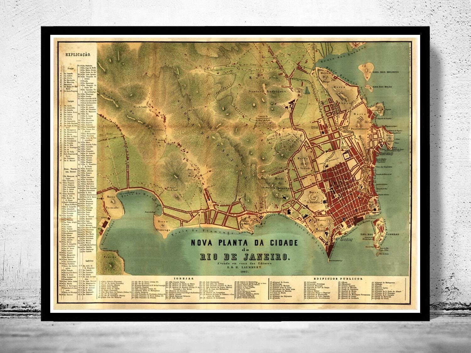 Vecchia mappa di Rio de Janeiro, Brasile, 1867 | Stampa artistica da parete con mappa d'epoca