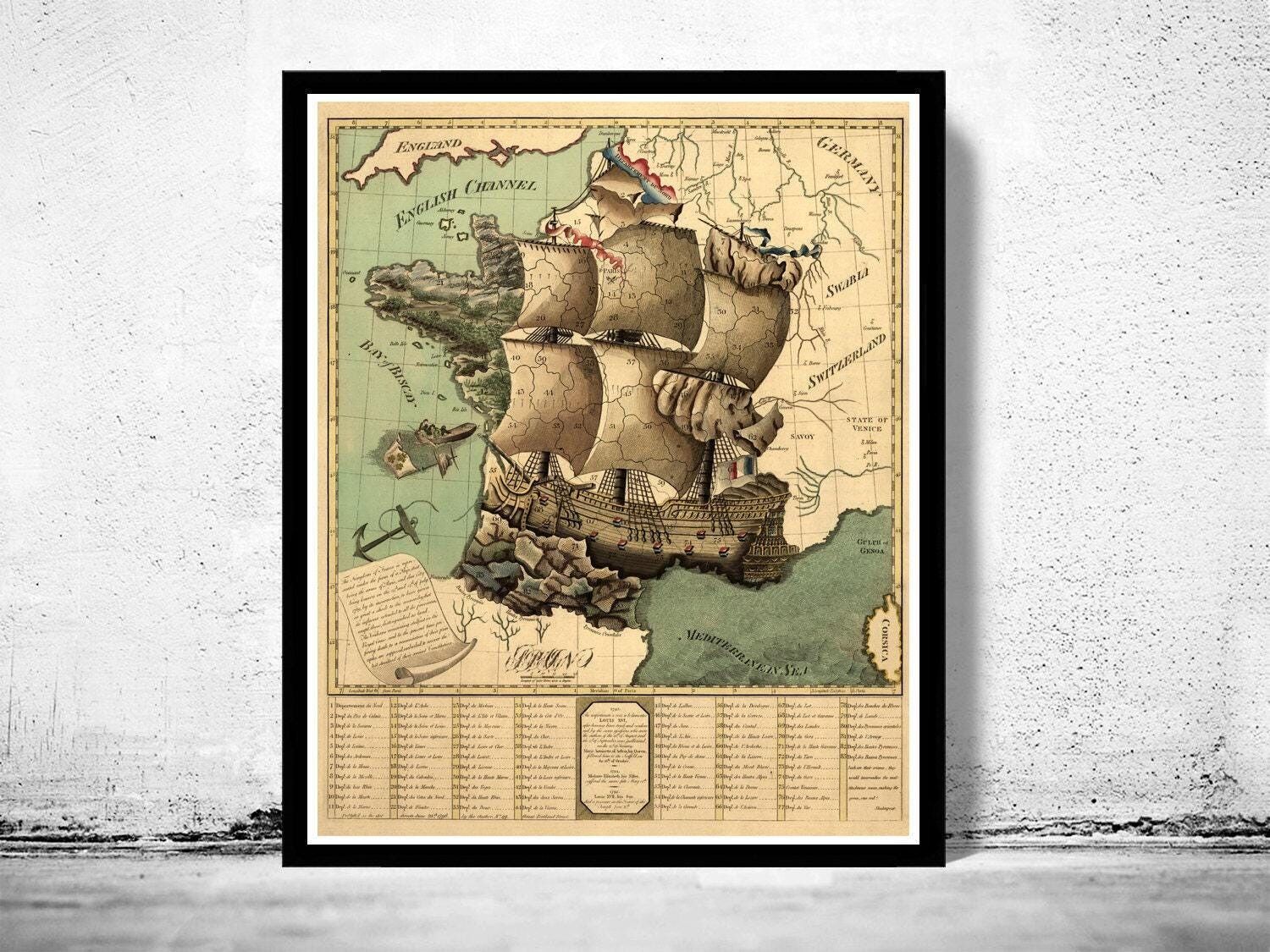 Mapa antiguo de Francia representado bajo la forma de un barco, 1796 | Impresión de arte mural con mapa antiguo