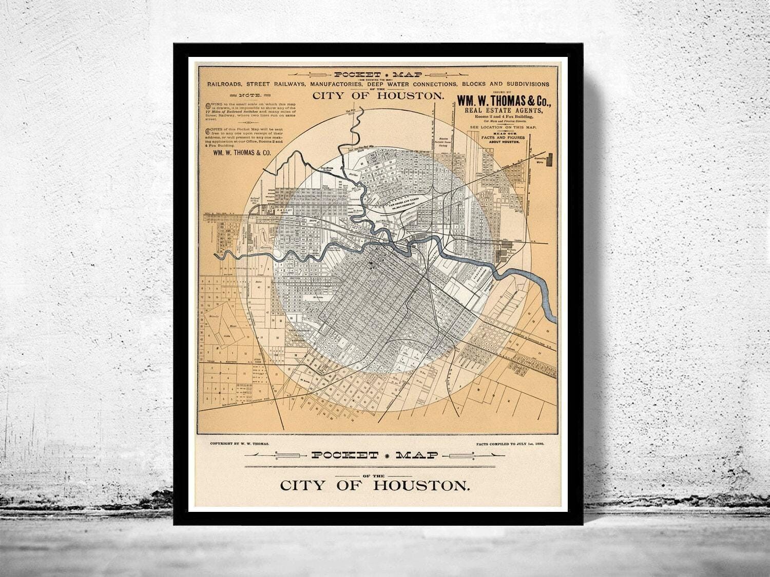 Old map of Houston Texas 1890 Vintage Map | Vintage Map Wall Art Print
