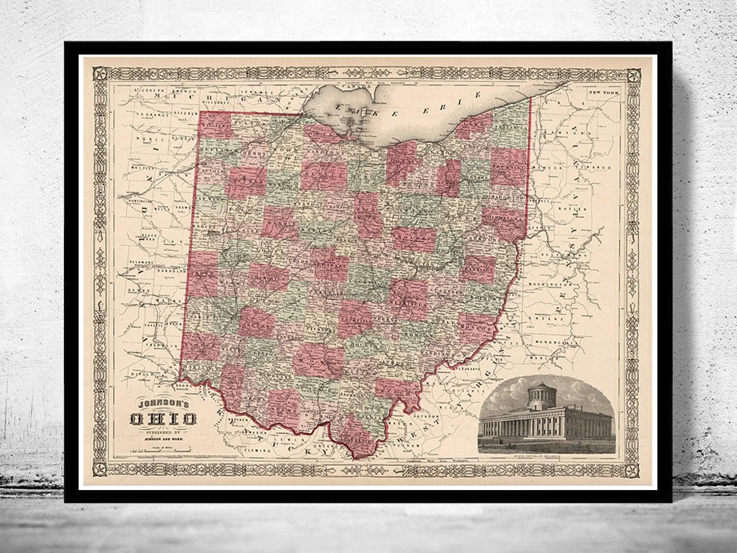 Old Map Ohio State 1864 Vintage Map Wall Map Print