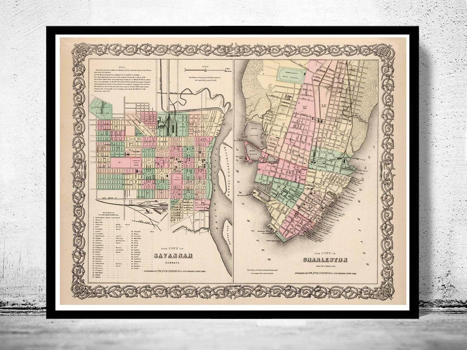 Vintage map of Savannah and Charleston GA Georgia 1895  | Vintage Map Wall Art Print