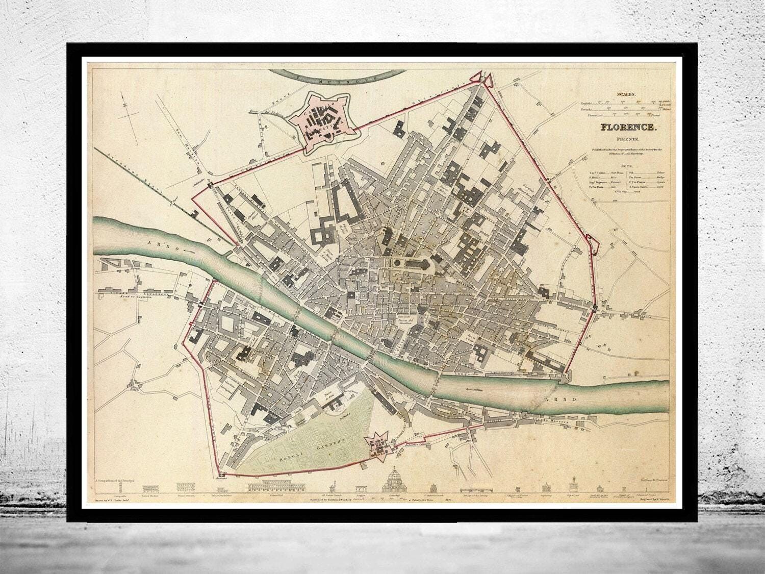 Old Map of Florence Firenze 1835 Vintage Map | Vintage Map Wall Art Print