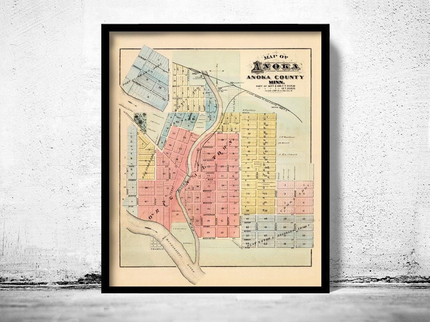 Old map of Anoka Minnesota 1874 Vintage Map | Vintage Map Wall Art Print