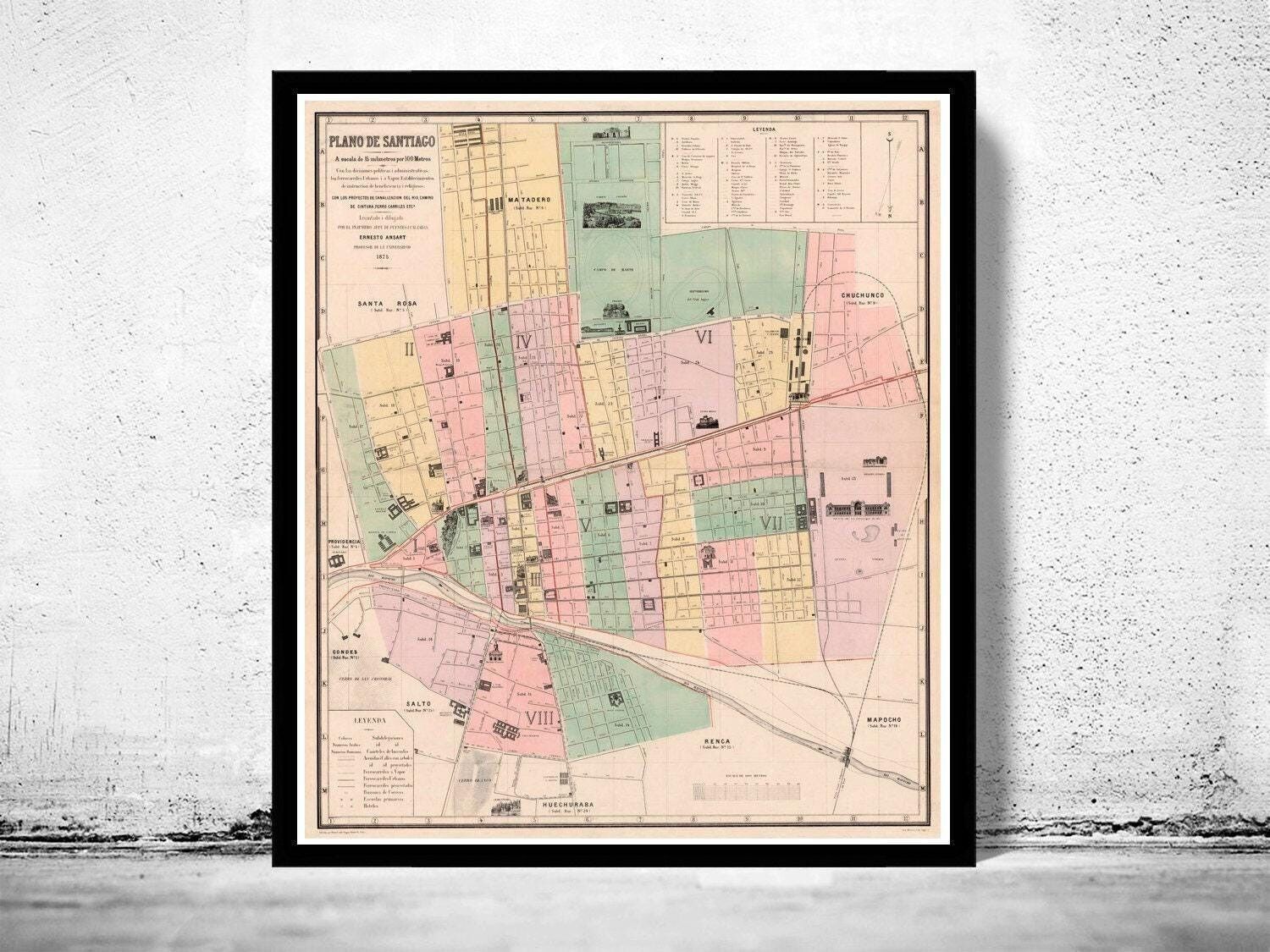 Old Map of Santiago de Chile 1875 Vintage Map | Vintage Map Wall Art Print