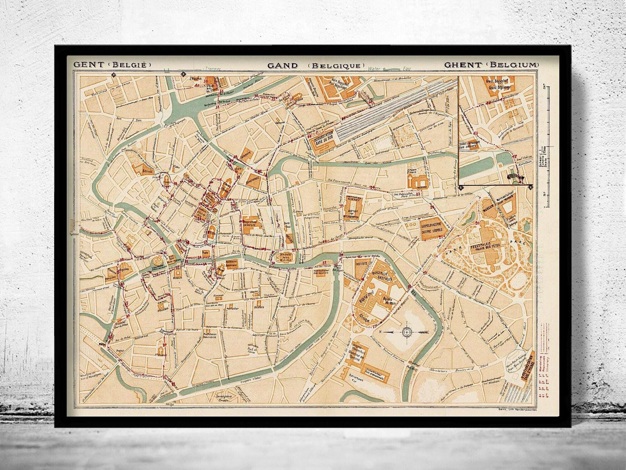 Old Map of Gent Ghent Gand Belgium 1923 Vintage Map | Vintage Map Wall Art Print