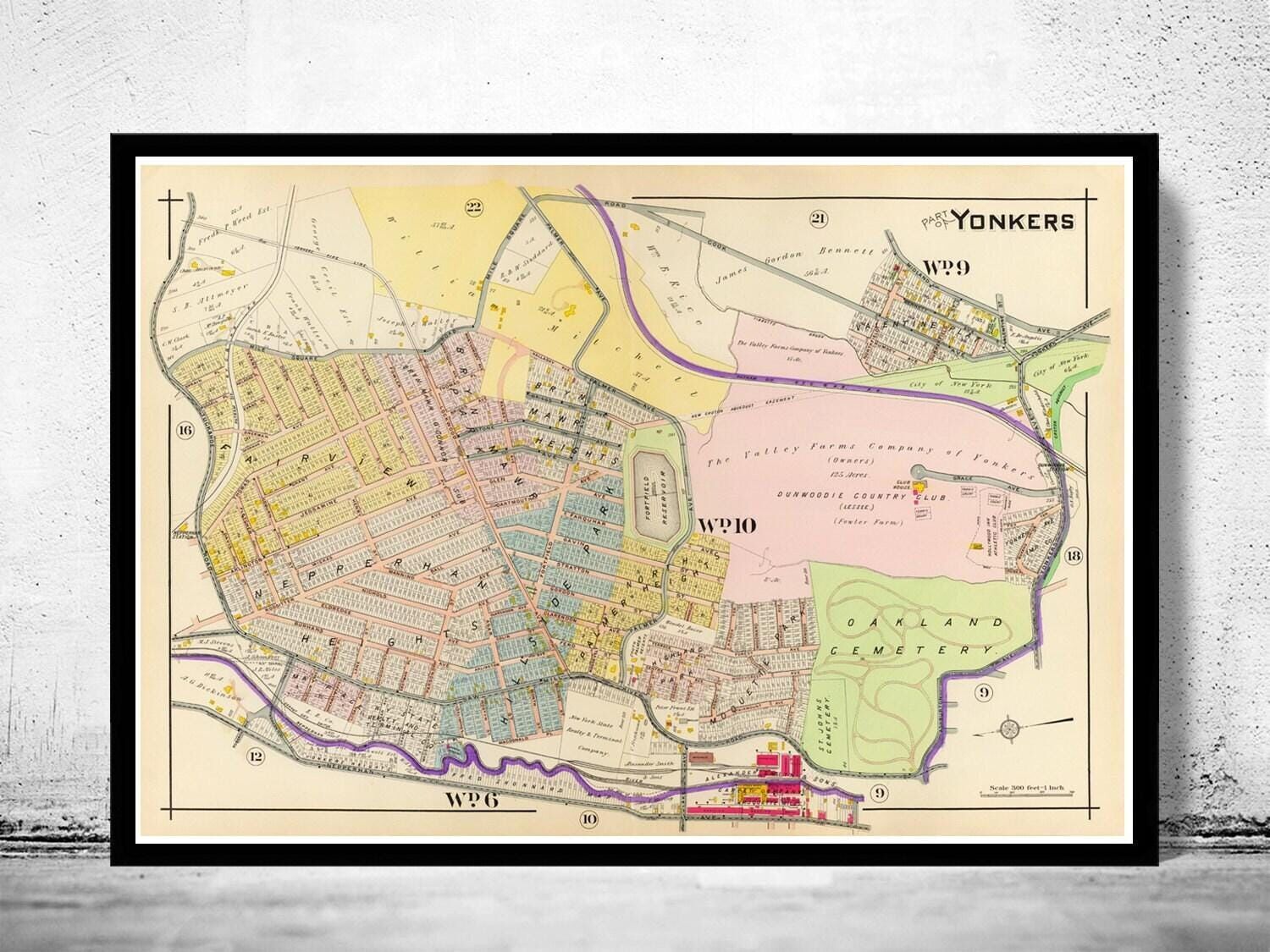 Mapa antiguo de Yonkers, Nueva York, 1907 | Impresión artística de pared con mapa antiguo