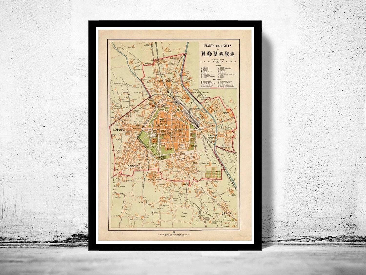Mapa antiguo de Novara, Italia, 1930 | Impresión artística de pared con mapa antiguo
