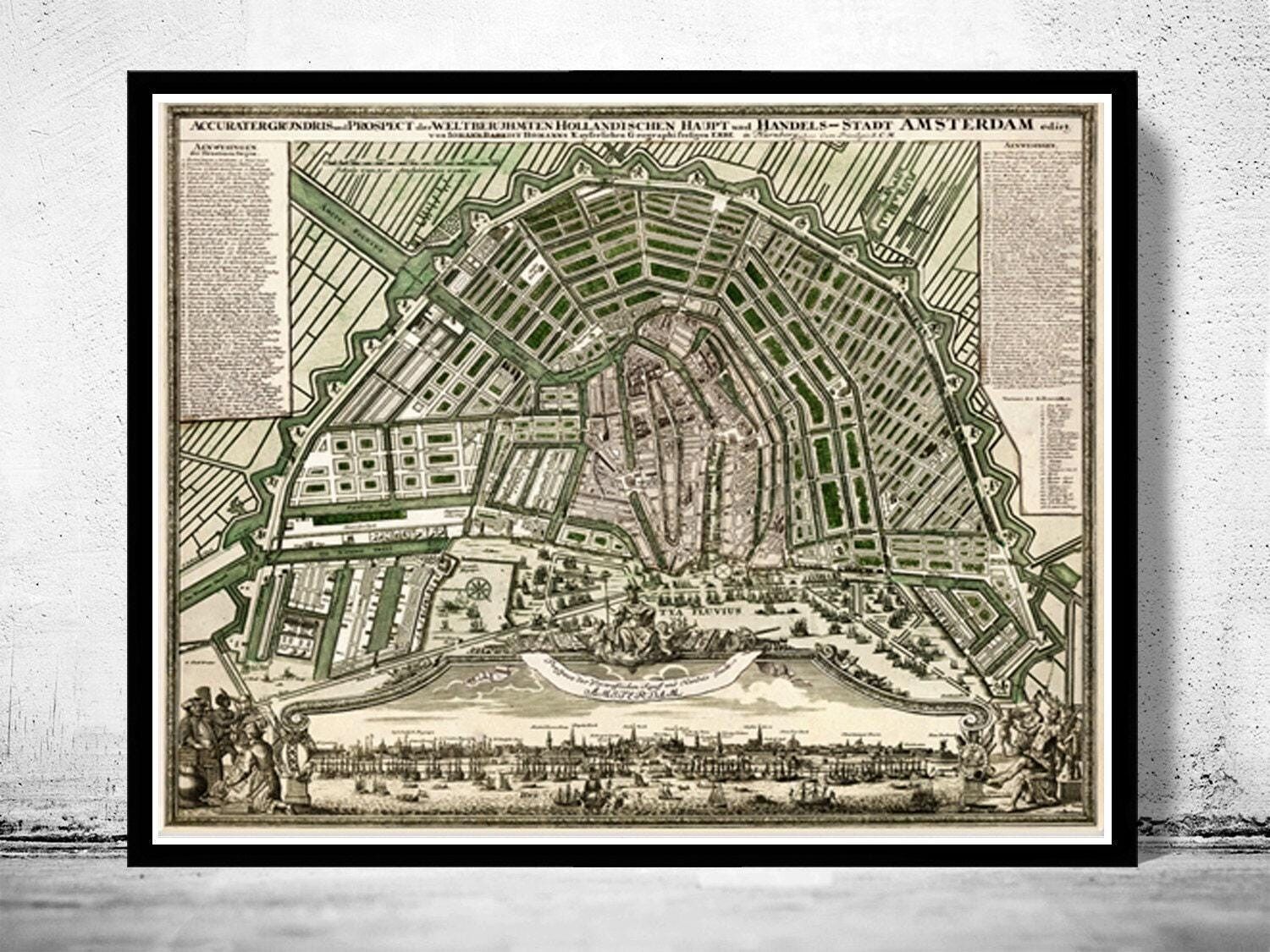 Mapa antiguo de Ámsterdam, Países Bajos, 1727 | Impresión artística de pared con mapa antiguo