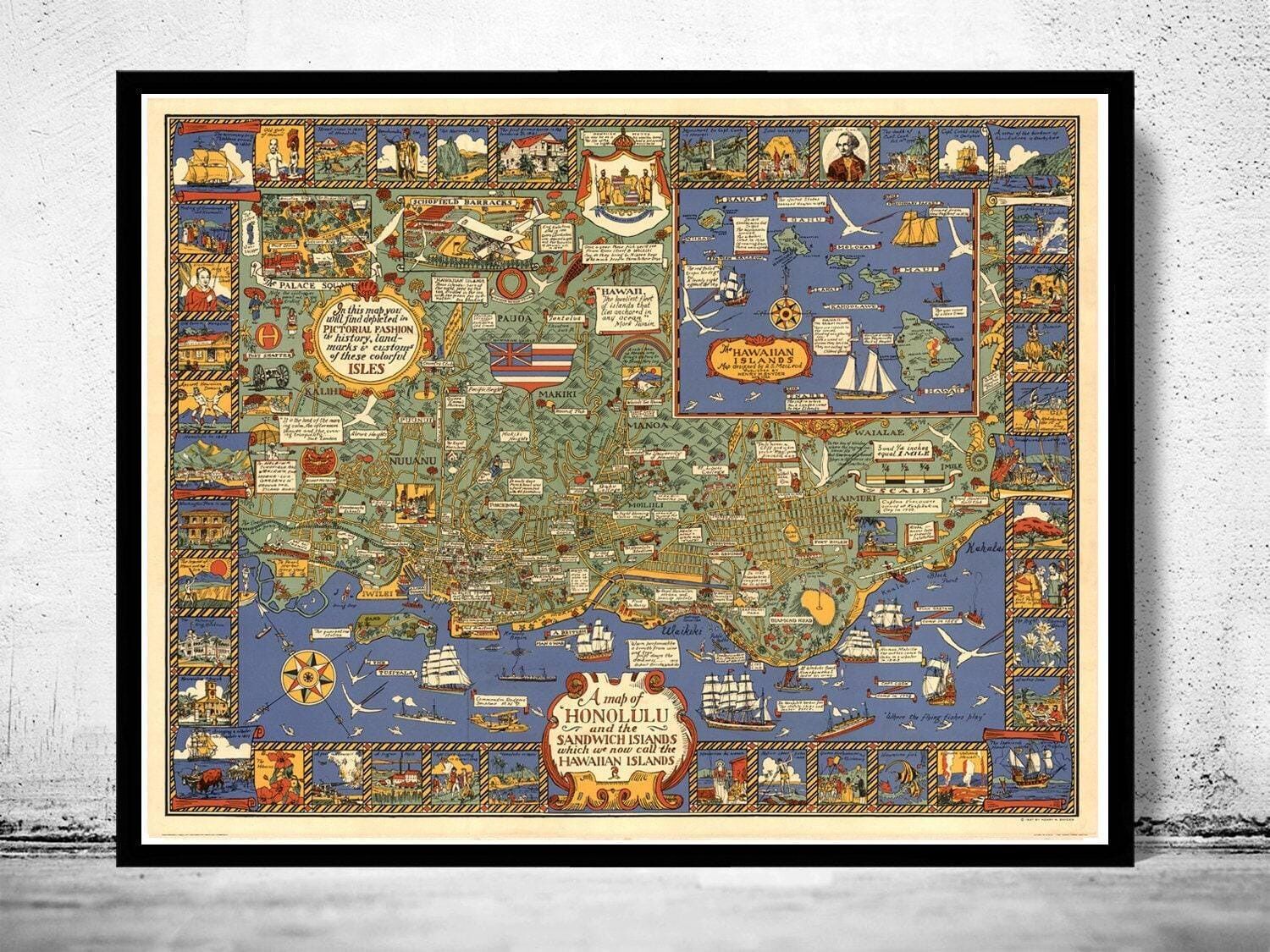 Mapa antiguo de Honolulu, islas hawaianas, 1927 | Impresión artística de pared con mapa antiguo