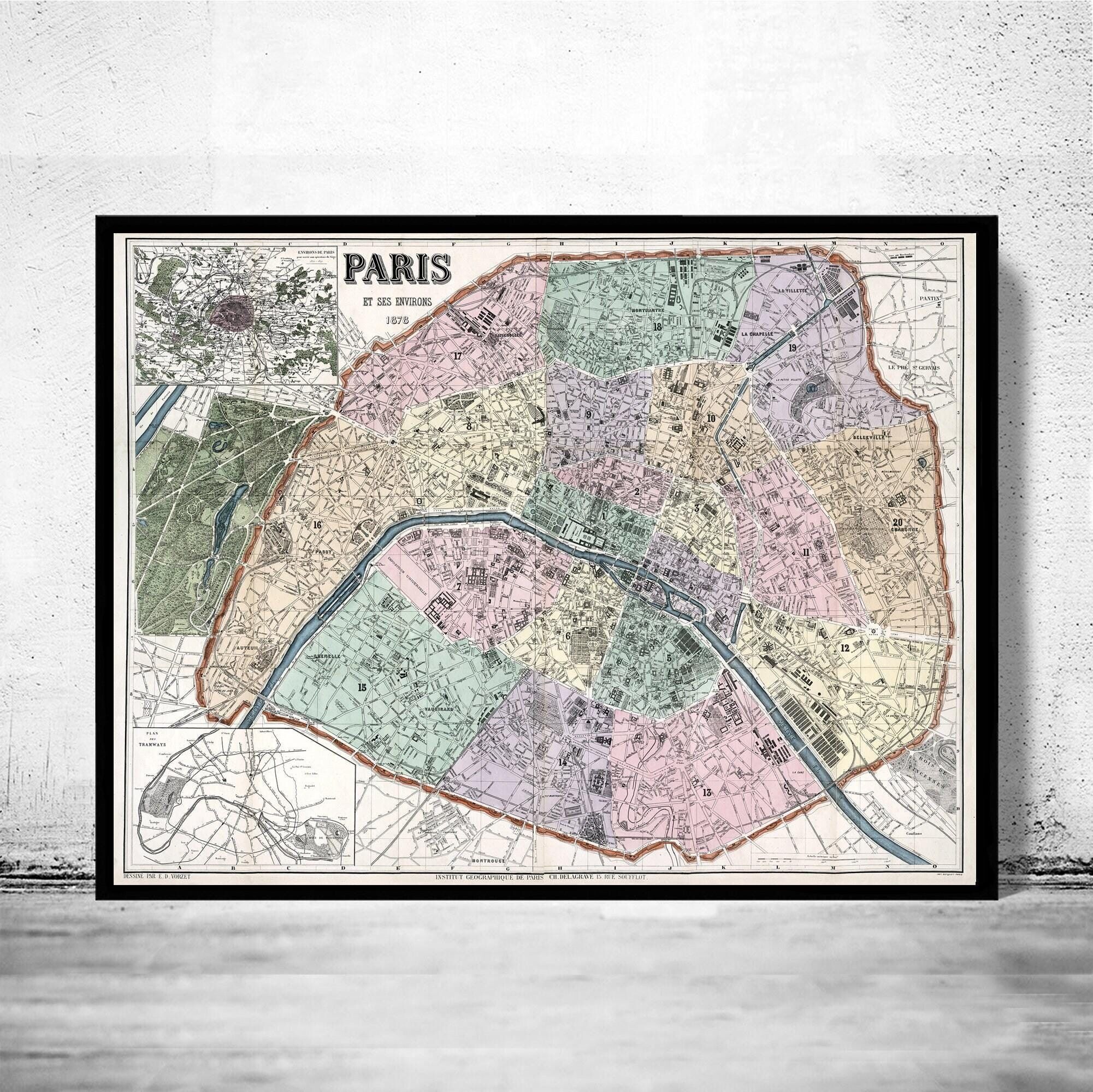 Old Map of Paris, France 1878  | Vintage Map Wall Art Print