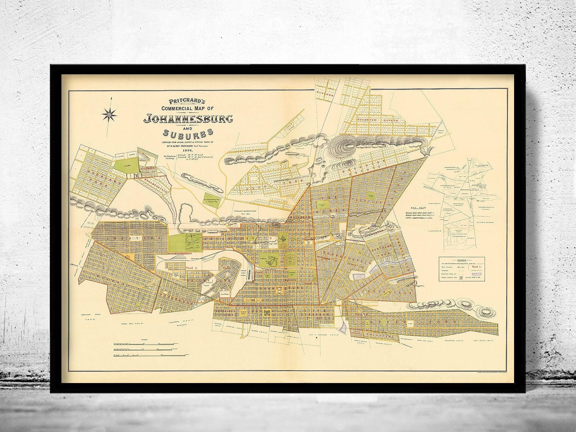 Mapa antiguo de Johannesburgo, Sudáfrica, 1896 | Impresión artística de pared con mapa antiguo