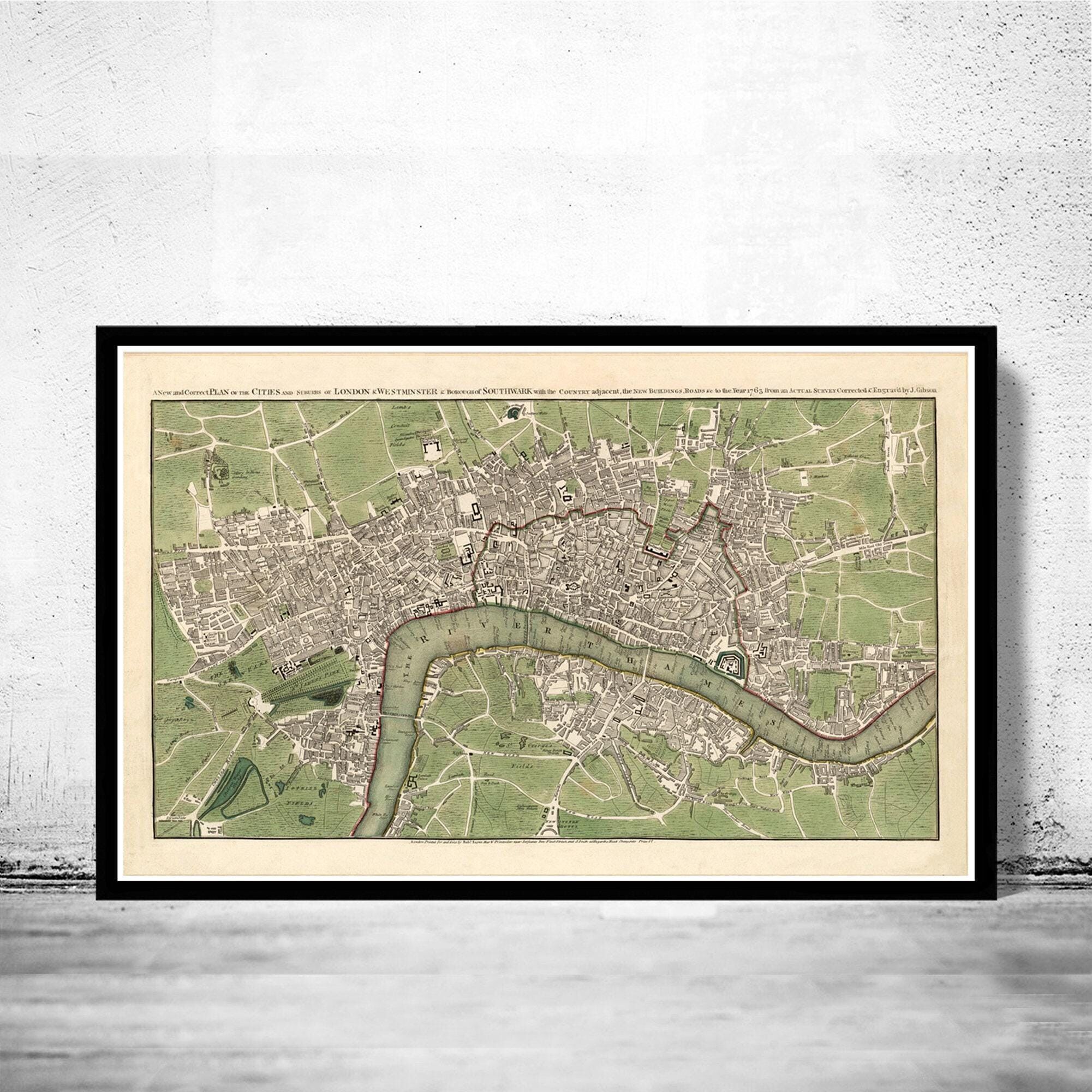 Mapa antiguo de Londres de 1763 | Impresión de arte mural con mapa antiguo