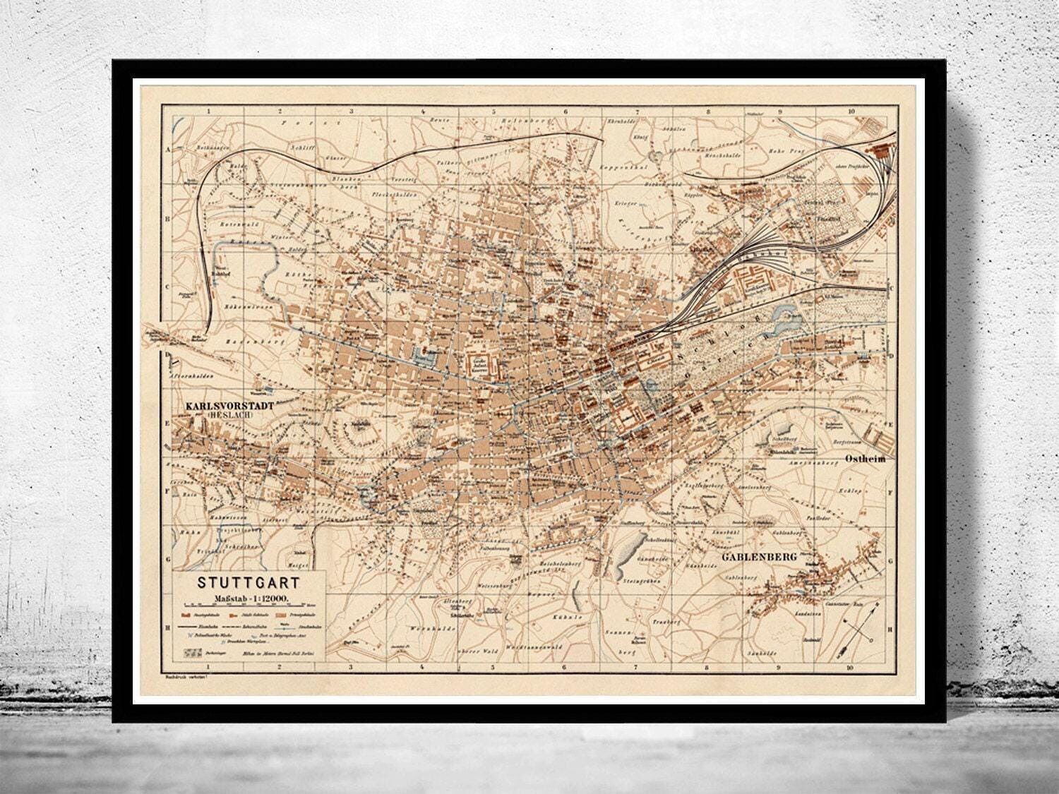 Mapa antiguo de Stuttgart, Alemania, 1910 | Impresión artística de pared con mapa antiguo