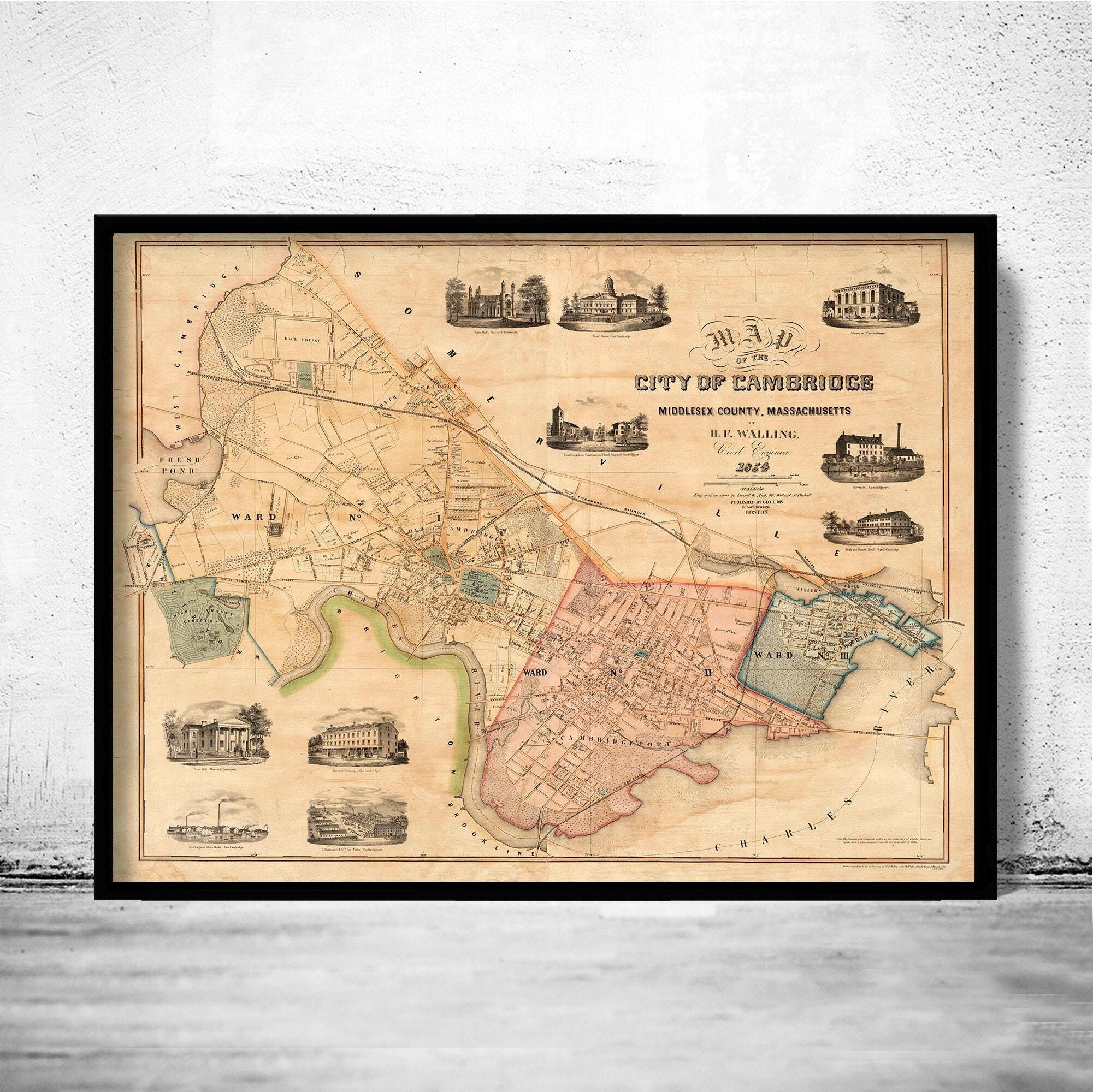 Old Map of Cambridge Massachusetts 1854 Vintage Map | Vintage Map Wall Art Print