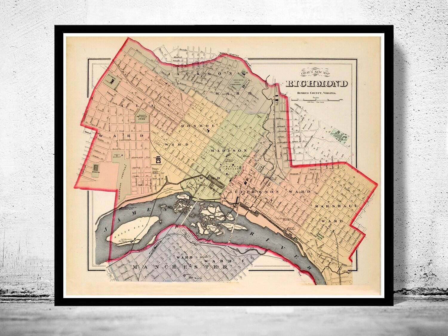 Mapa antiguo de Richmond, Virginia, 1884 | Impresión artística de pared con mapa antiguo