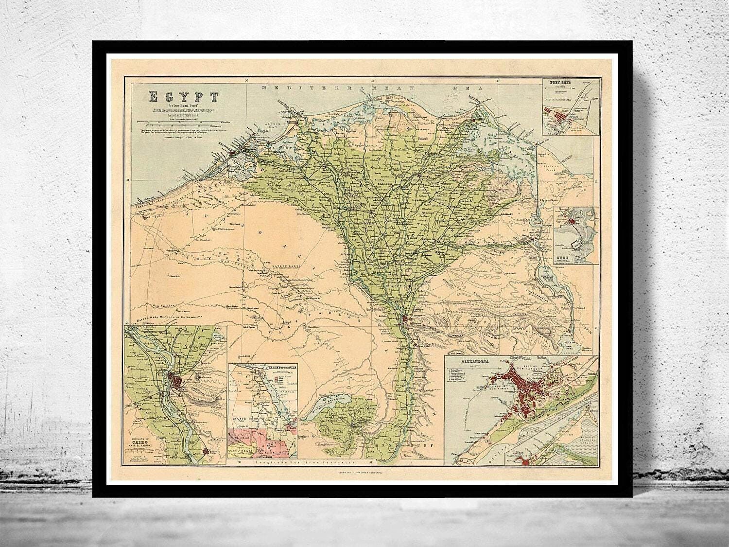 Old map of Egypt and main cities 1889 Vintage Map  | Vintage Map Wall Art Print