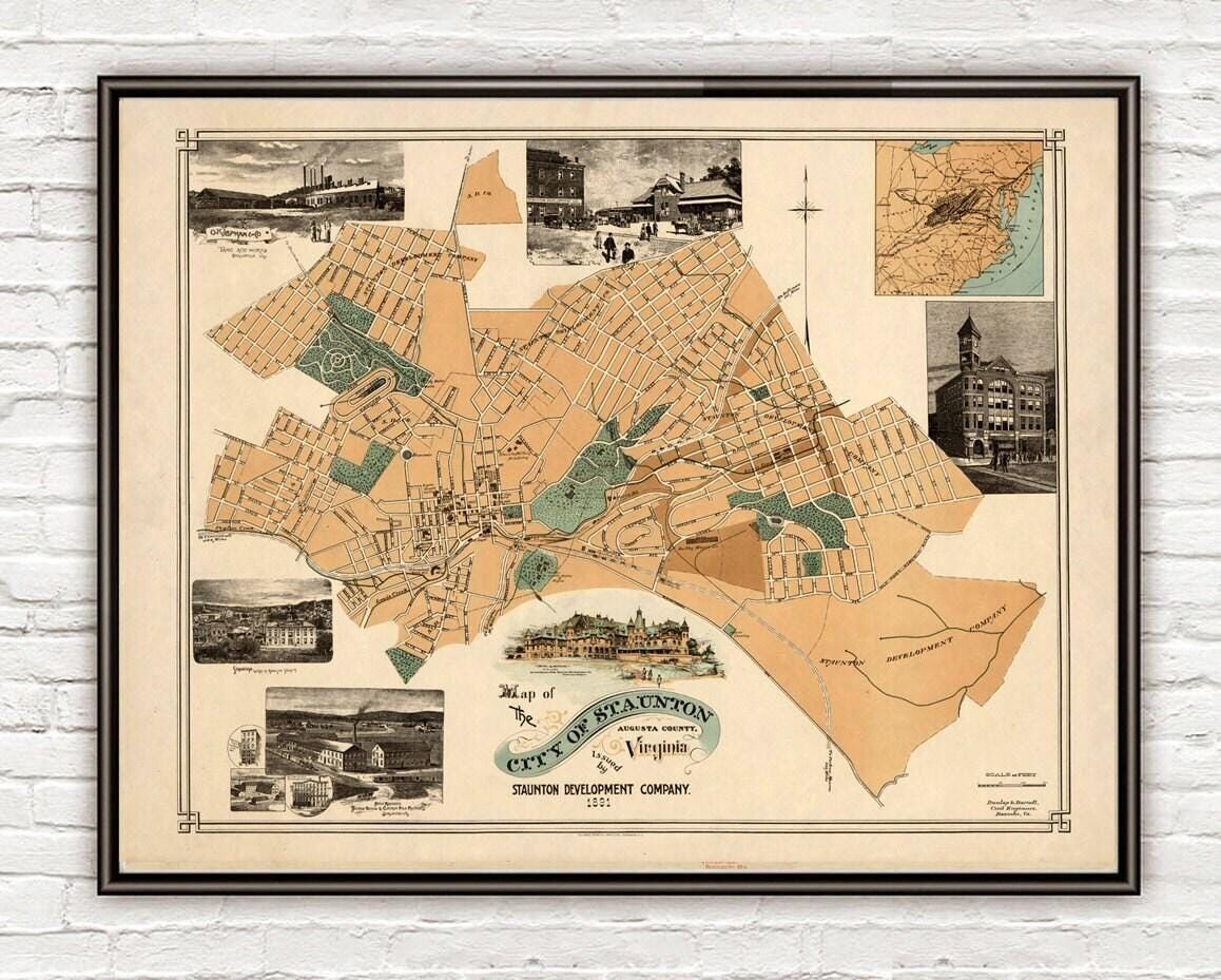 Old Map of Staunton Augusta County Virginia 1891 Vintage Map | Vintage Map Wall Art Print