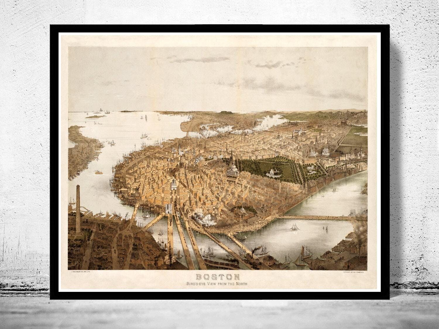 Panoramic View of Old Boston, Massachusetts 1877  | Vintage Map Wall Art Print