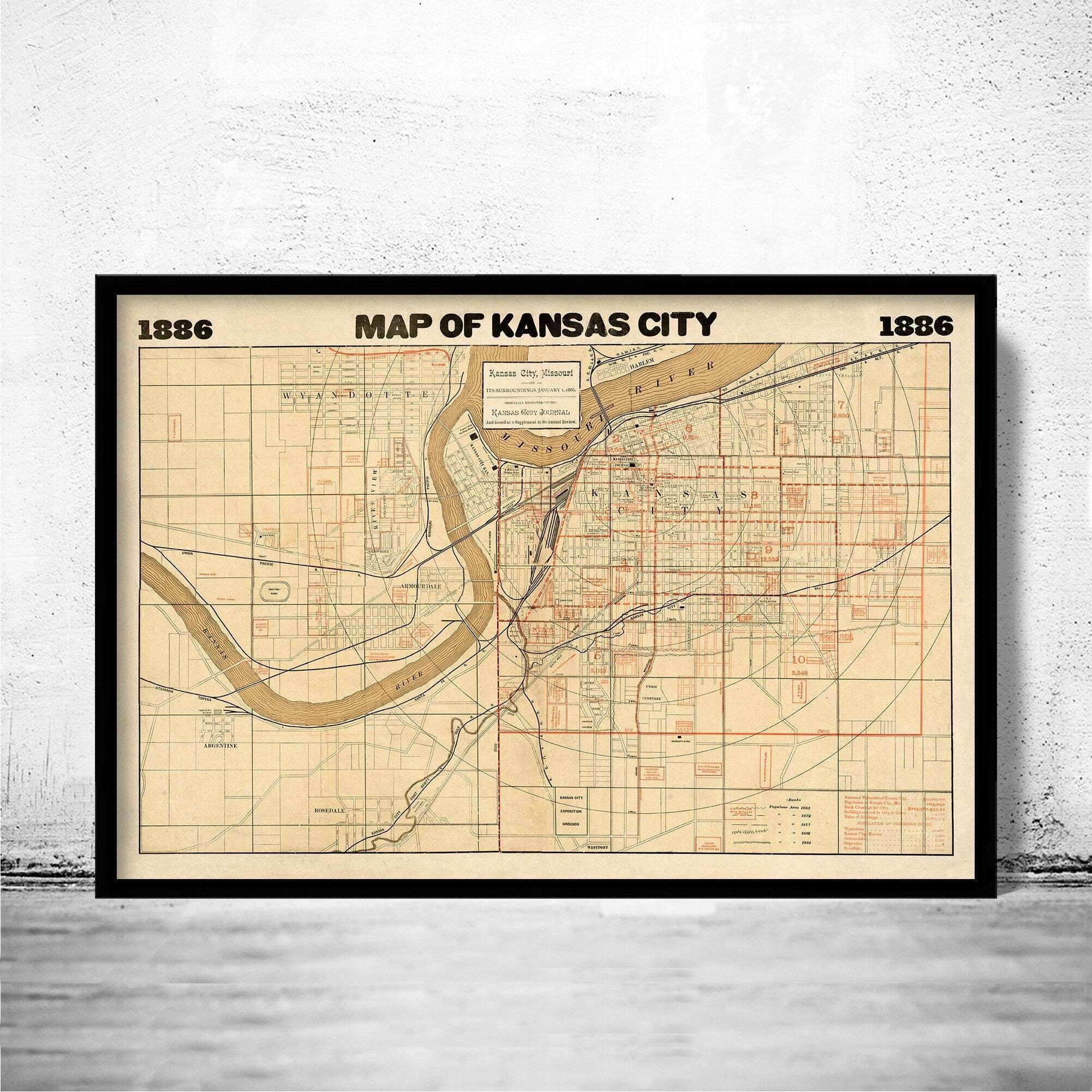 Carte ancienne de Kansas City, Missouri, 1886 | Impression murale vintage