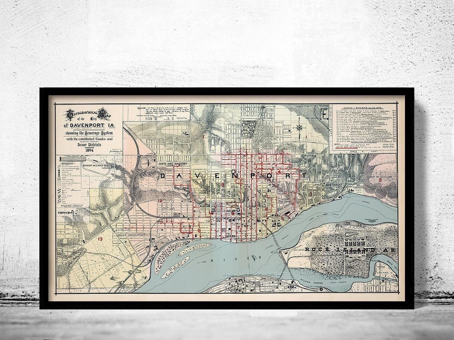 Old map of Davenport Iowa 1894  | Vintage Map Wall Art Print