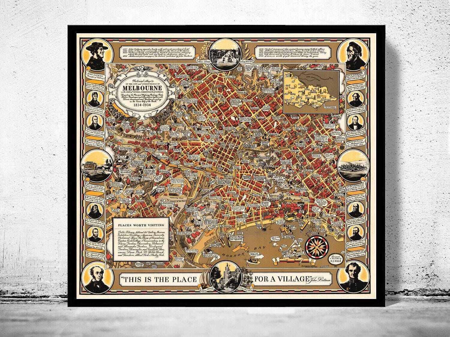 Old Map of Melbourne 1934 Australia Vintage Map  | Vintage Map Wall Art Print