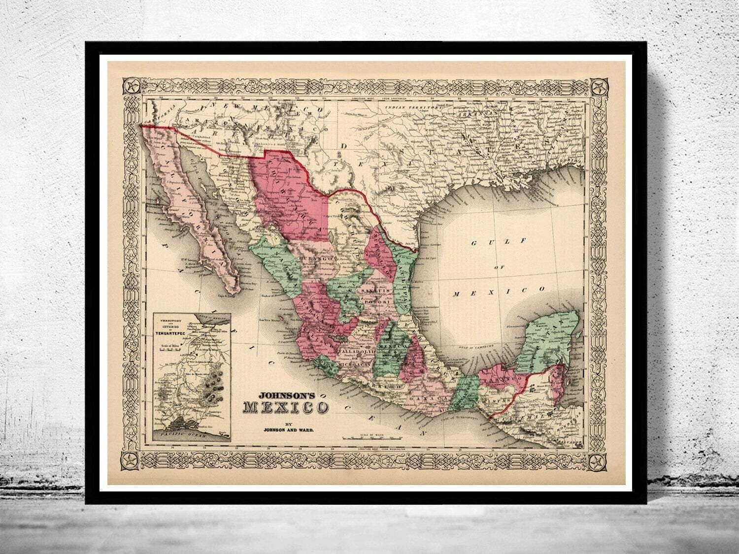 Old Map of Mexico 1865 Vintage Map | Vintage Map Wall Art Print