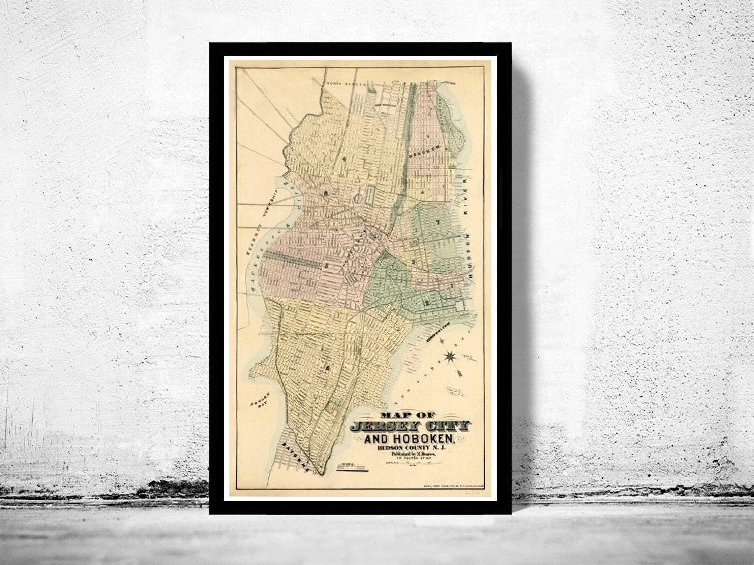 Old Map of Jersey City and Hoboken Hudson County 1882 Vintage Map | Vintage Map Wall Art Print