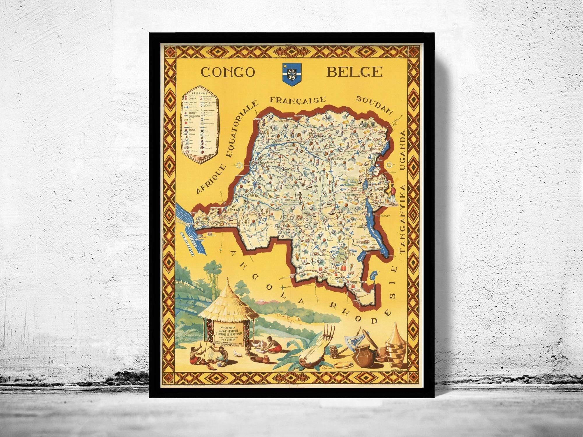 Old Map of Belgian Congo Congo Belge Central Africa 1949 | Vintage Map Wall Art Print
