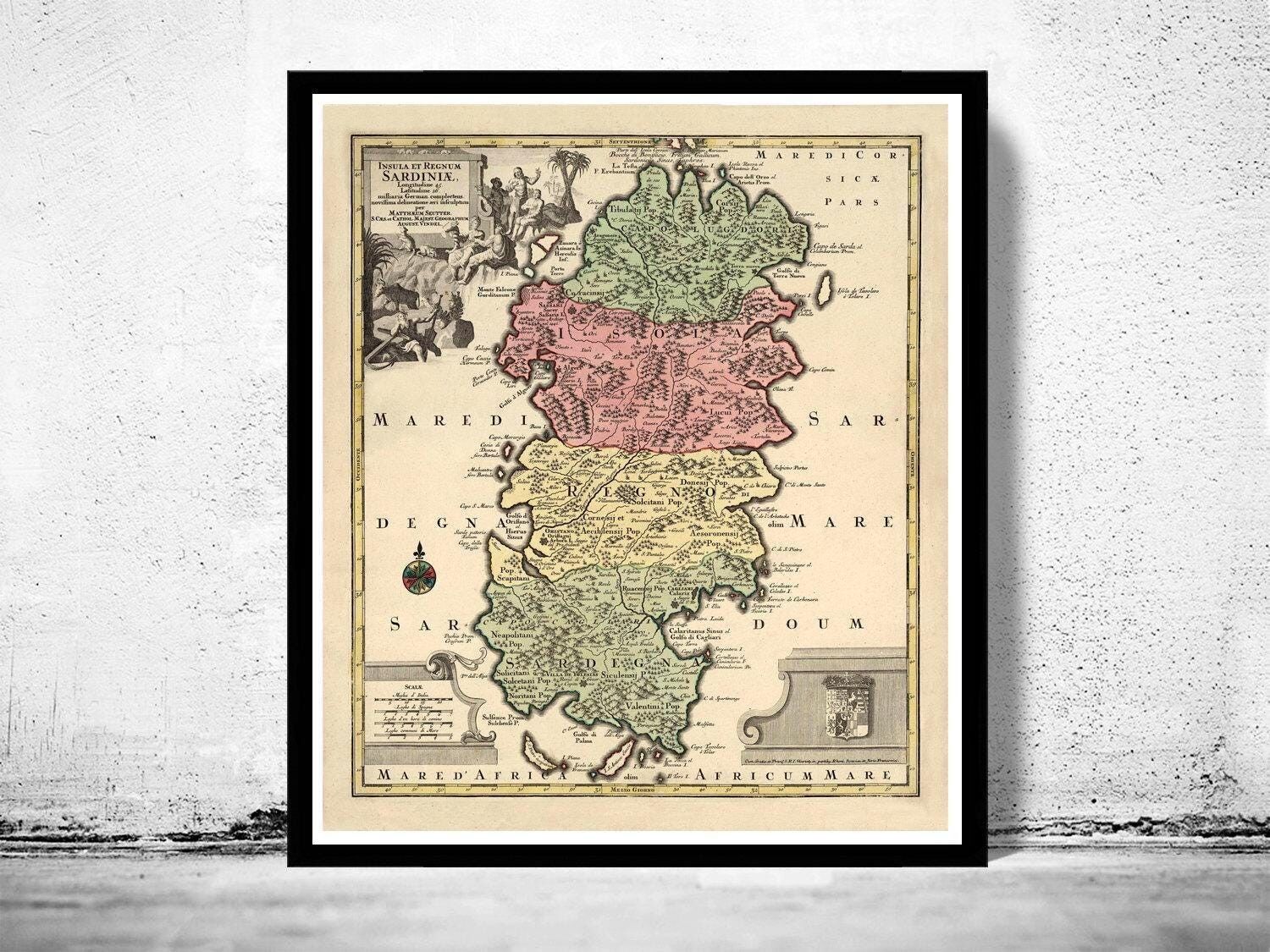 Old Map of Sardinia Sardegna 1720 Vintage Map | Vintage Map Wall Art Print
