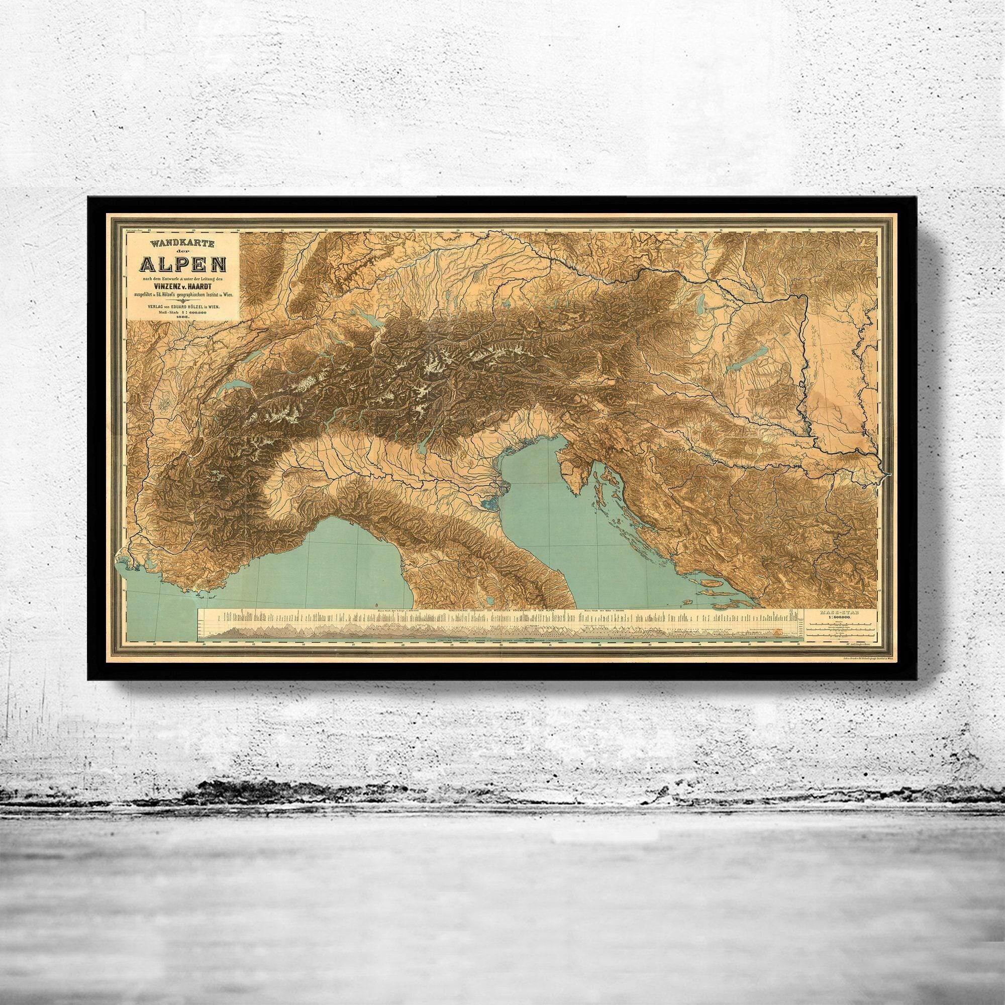 Old Map of The Alps Mountains 1885 Les Alpes Vintage Map | Vintage Map Wall Art Print