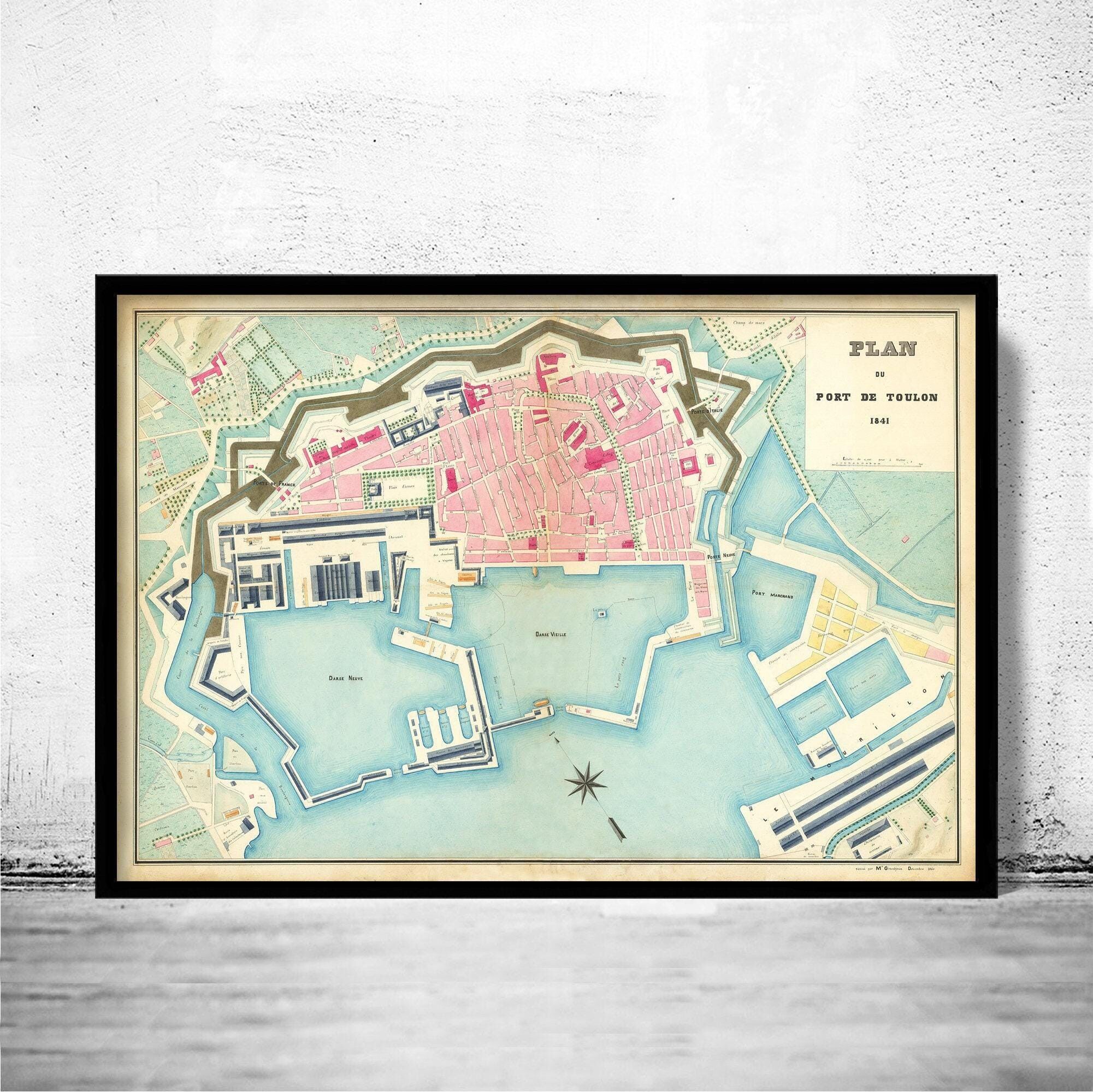 Old Map of Toulon France 1841 Vintage Map | Vintage Map Wall Art Print