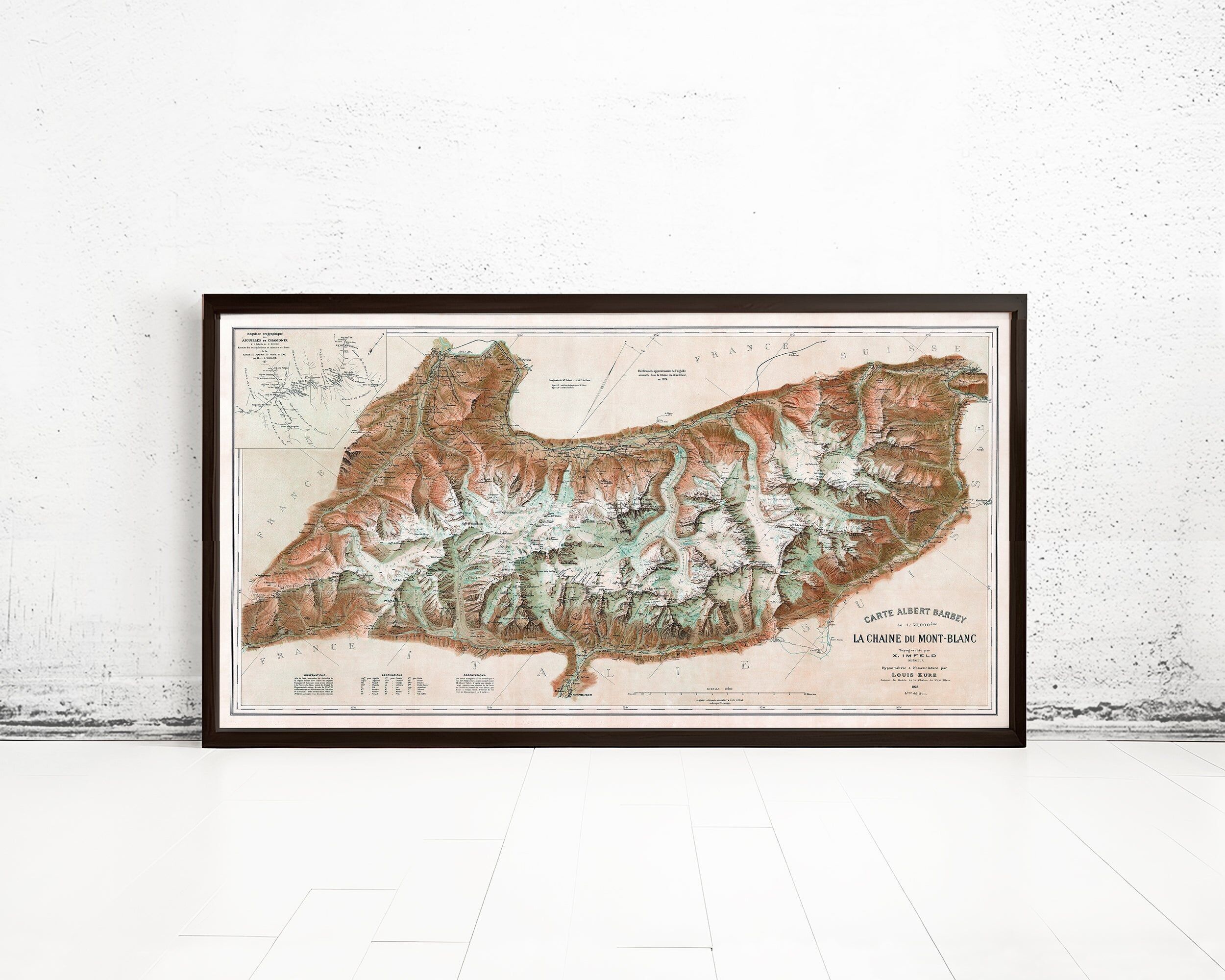 Vintage Map of Mont Blanc Massif Monte Bianco 1924 Chamonix, Martigny | Vintage Map Wall Art Print