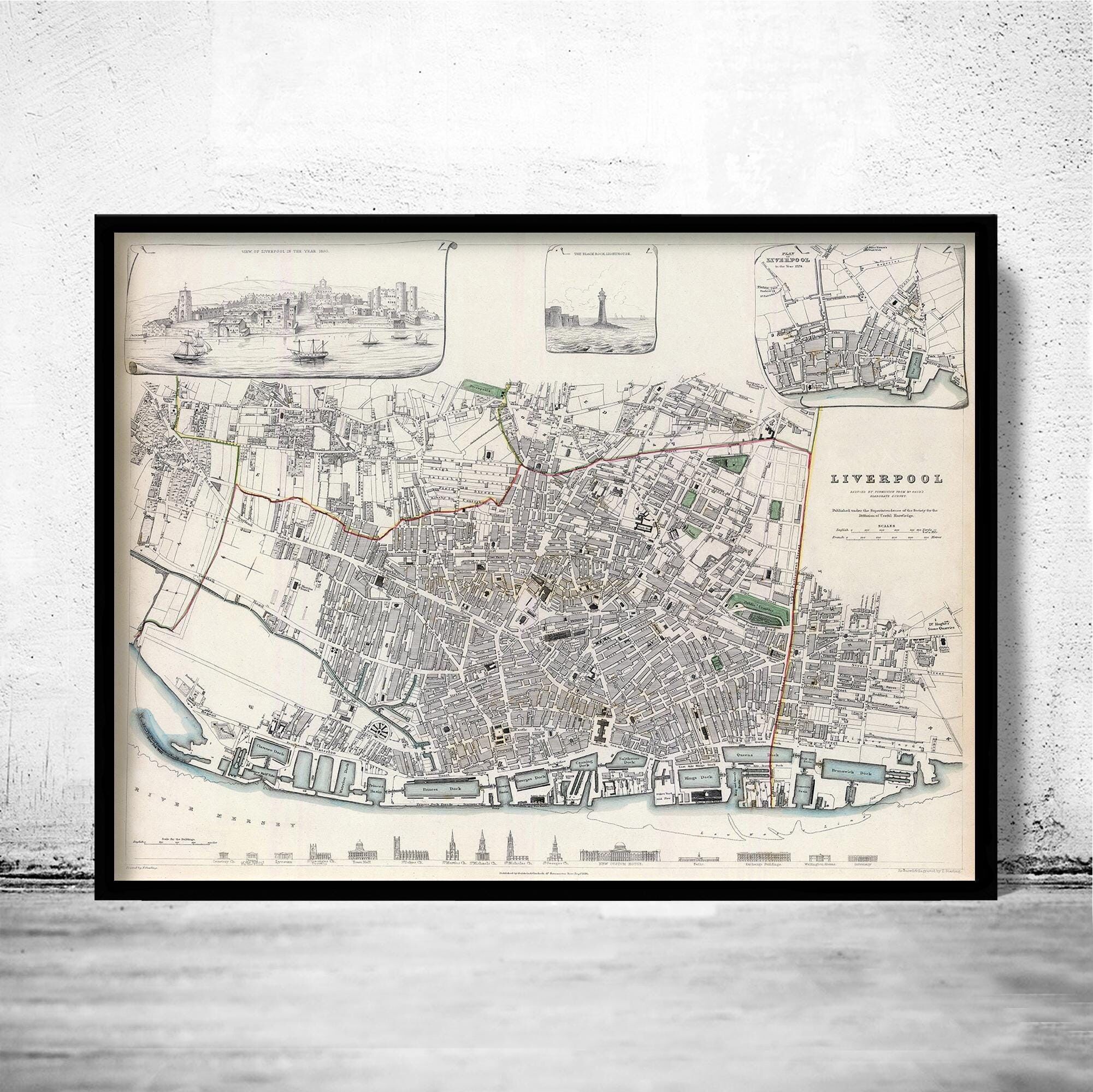 Old Map of Liverpool with gravures England 1836 Vintage Map | Vintage Map Wall Art Print