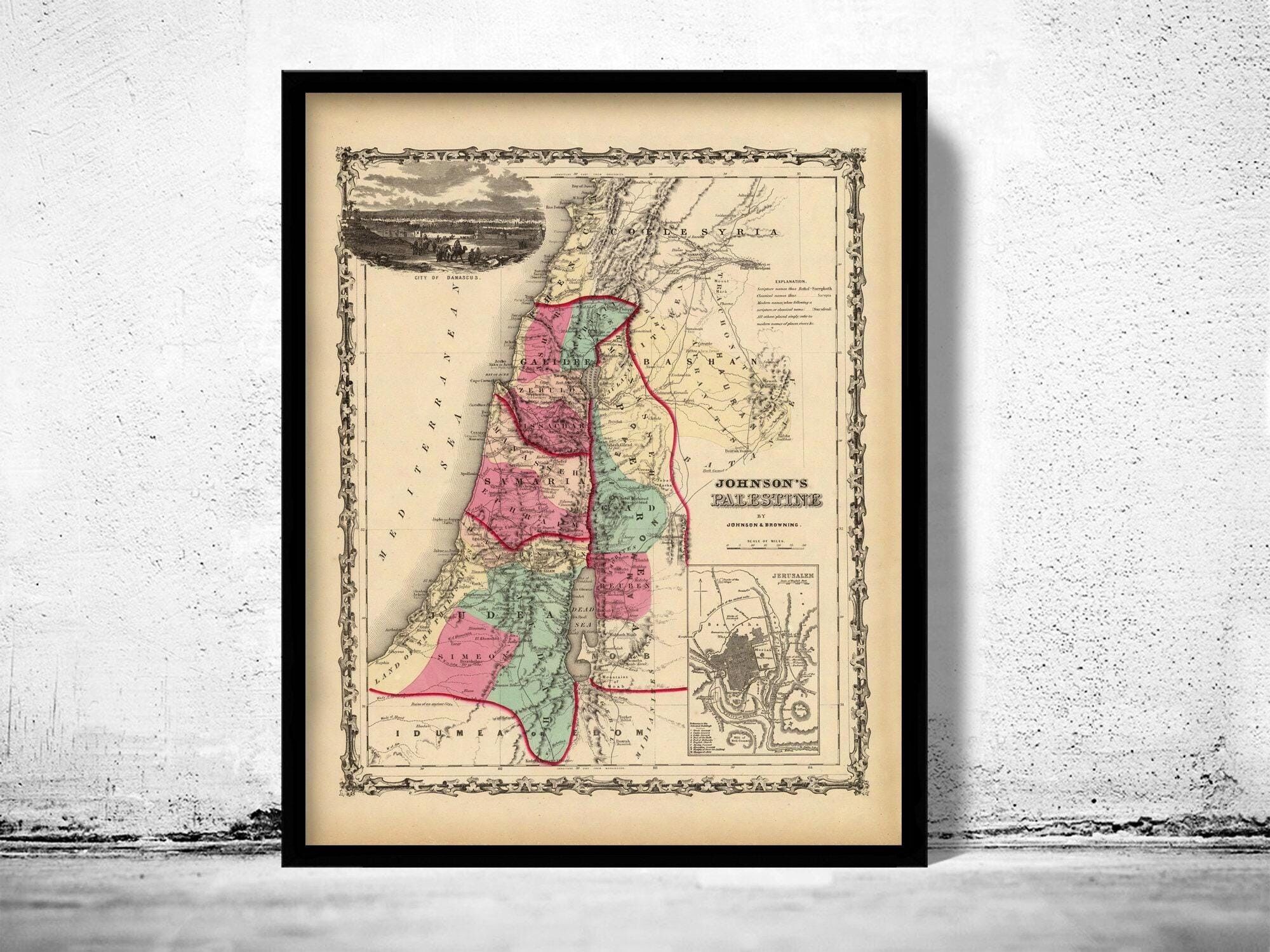 Old Map of Palestine Jesus 1860 Middle East Religious map  | Vintage Map Wall Art Print