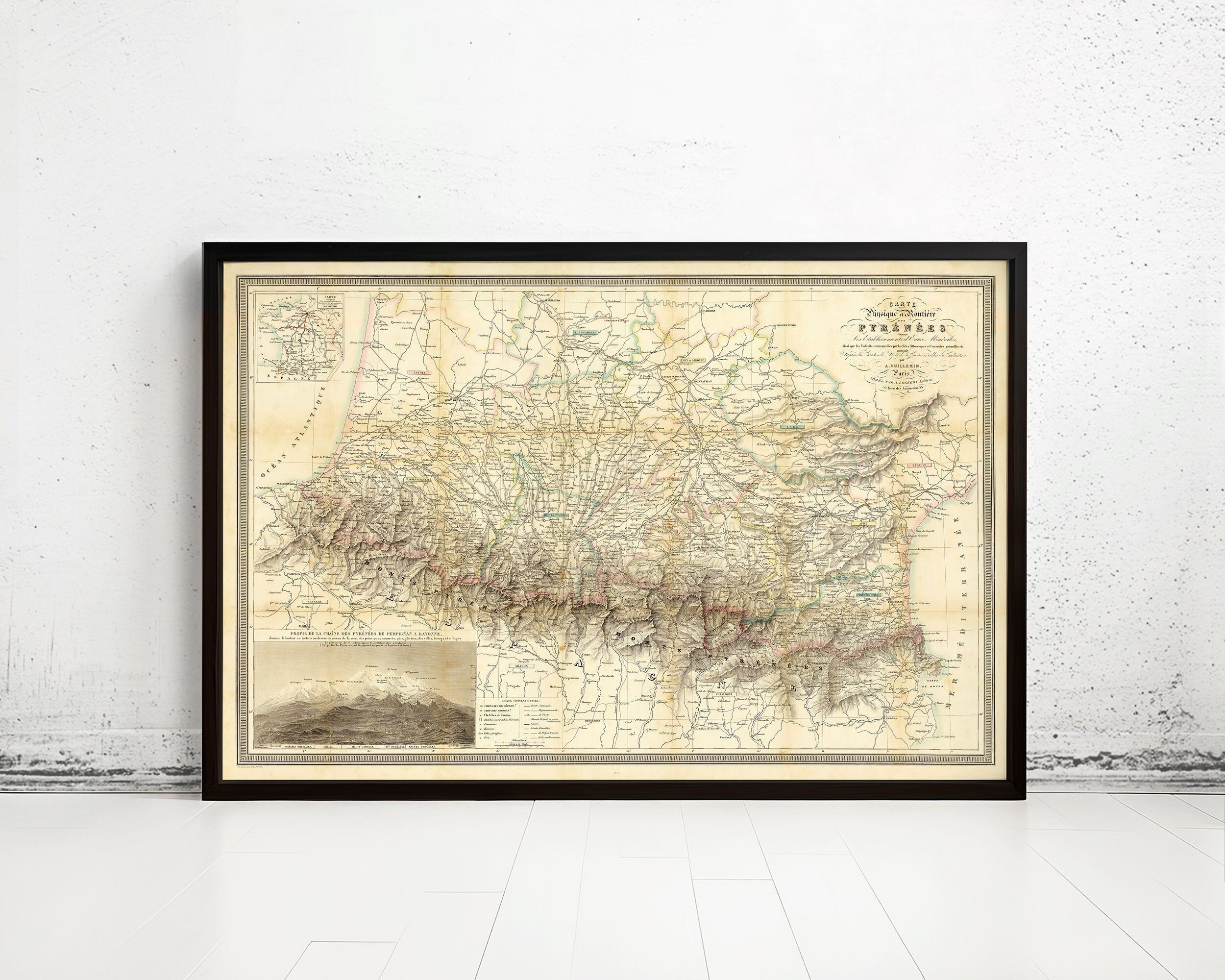 Old Map of Pyrenees Pirineus 1851 France Spain Vintage Map | Vintage Map Wall Art Print