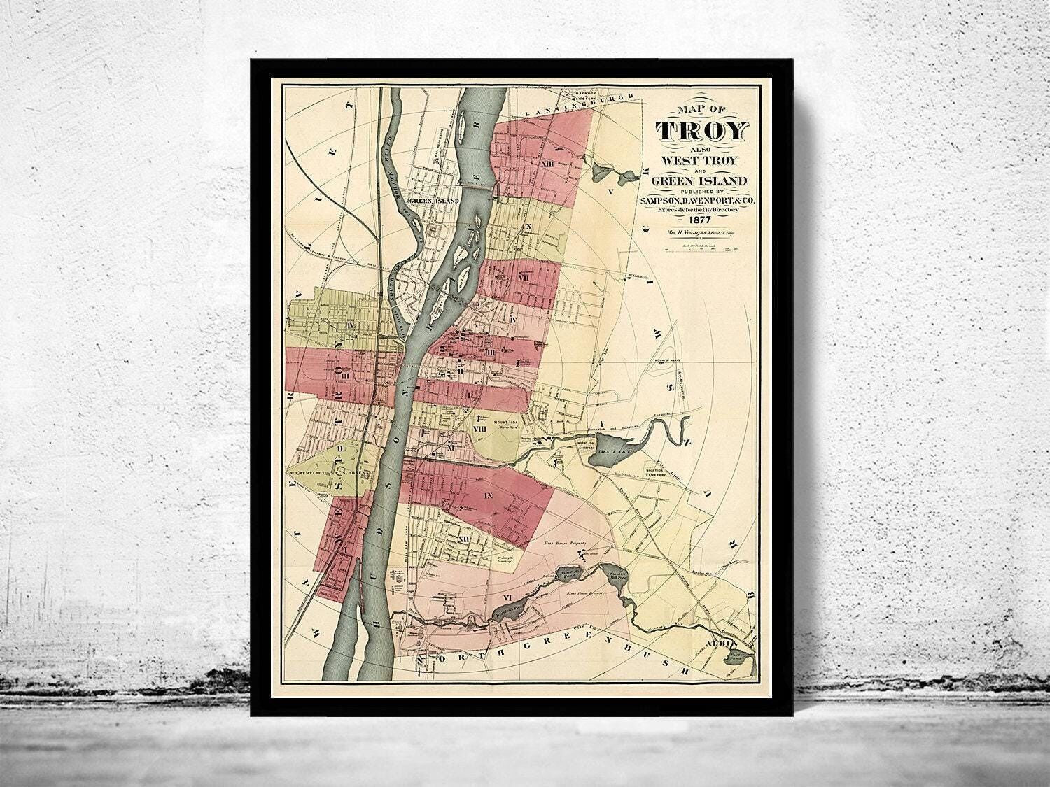 Old Map of Troy New York 1877 Vintage Map | Vintage Map Wall Art Print