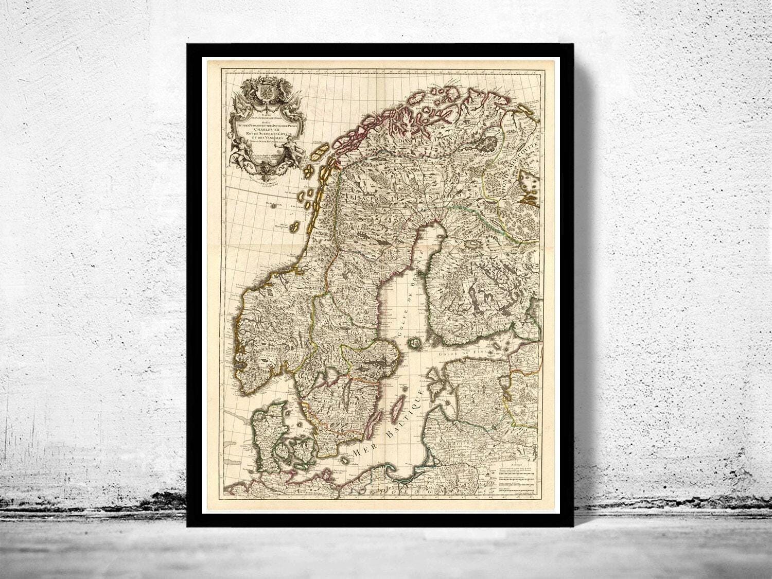 Old Map of Sweden and Norway 1706 Vintage Map | Vintage Map Wall Art Print