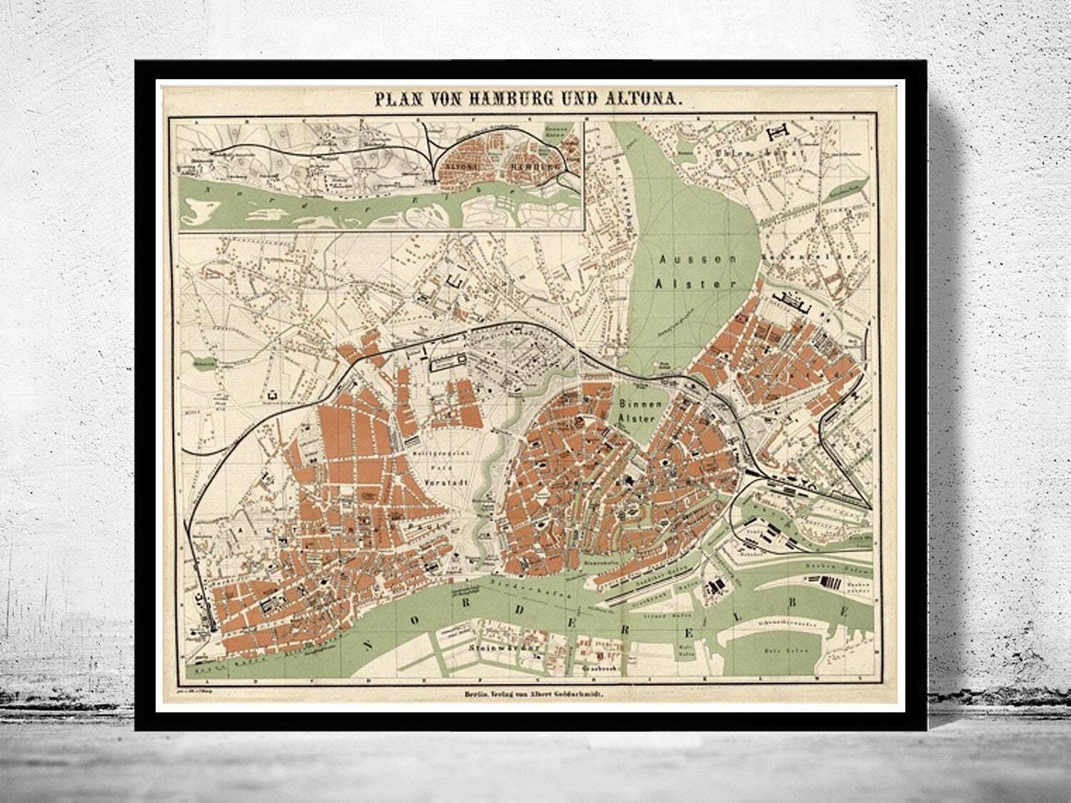 Old Map of Hamburg and Altona Germany 1880 Vintage Map | Vintage Map Wall Art Print