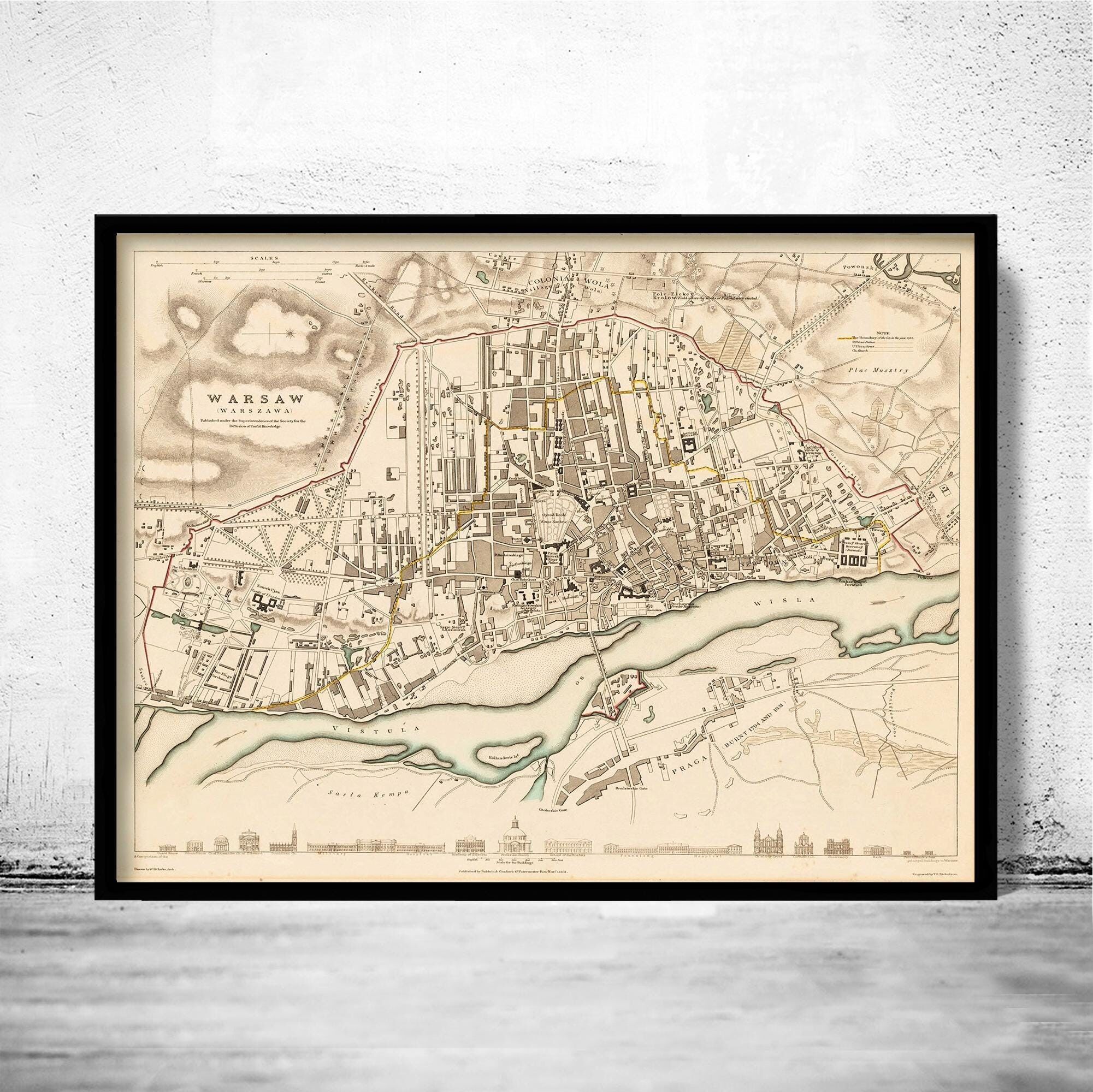 Old Map of Warsaw 1831 Poland Vintage Map | Vintage Map Wall Art Print
