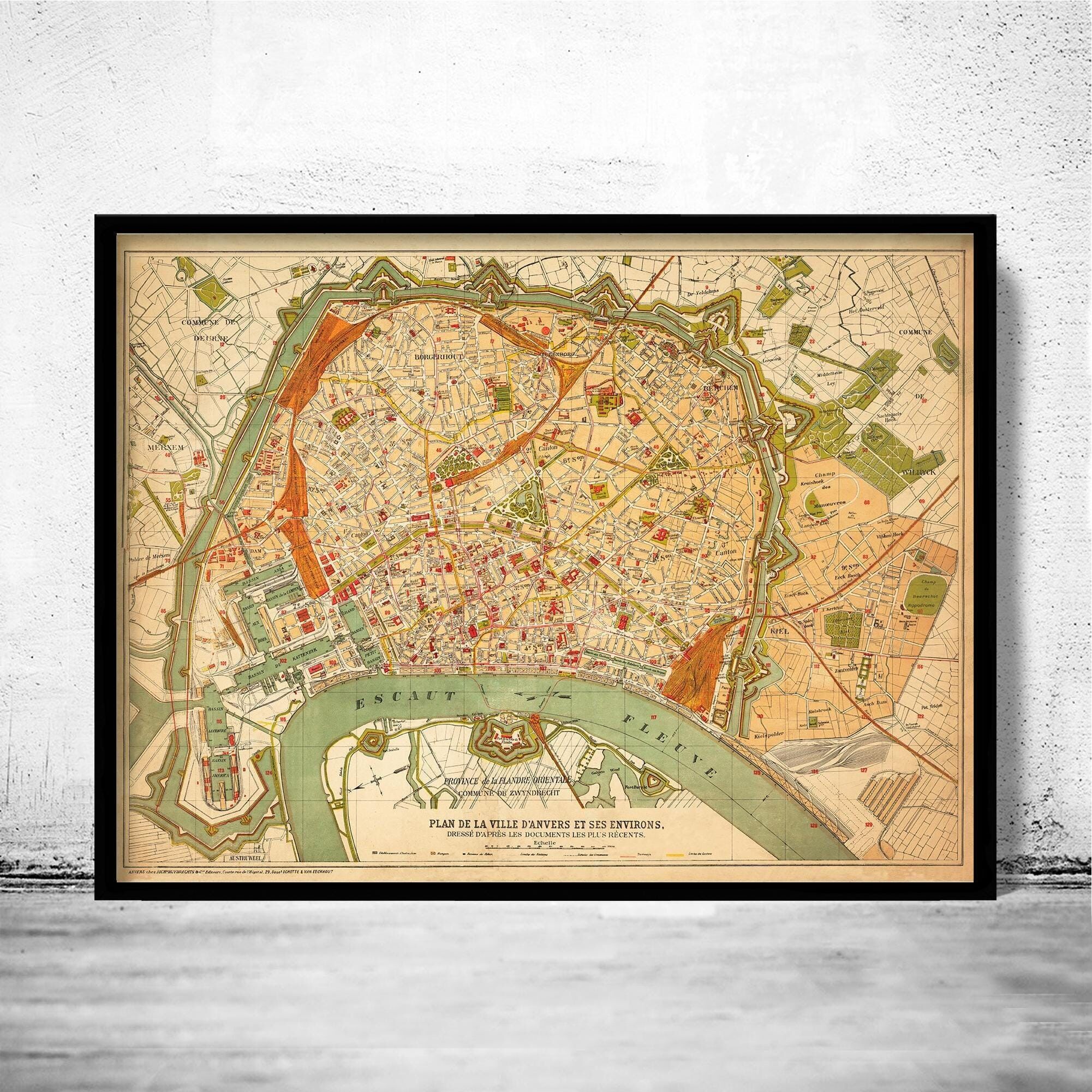 Old Map of Antwerp Belgium 1910 Anvers Vintage Map | Vintage Map Wall Art Print