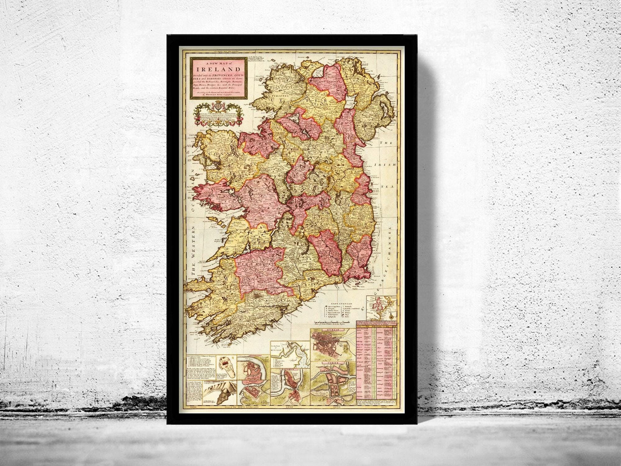 Beautiful Old Map of Ireland 1740 Vintage Map | Vintage Map Wall Art Print