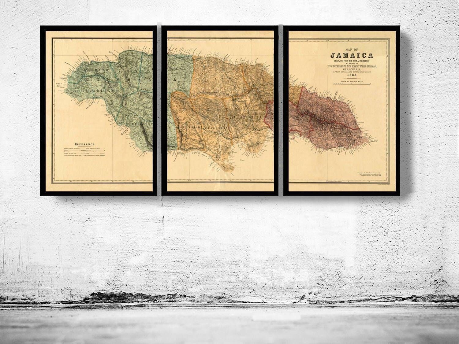 Old Map of Jamaica 1888 Old Map of Jamaica (3 PIECES)  | Vintage Map Wall Art Print