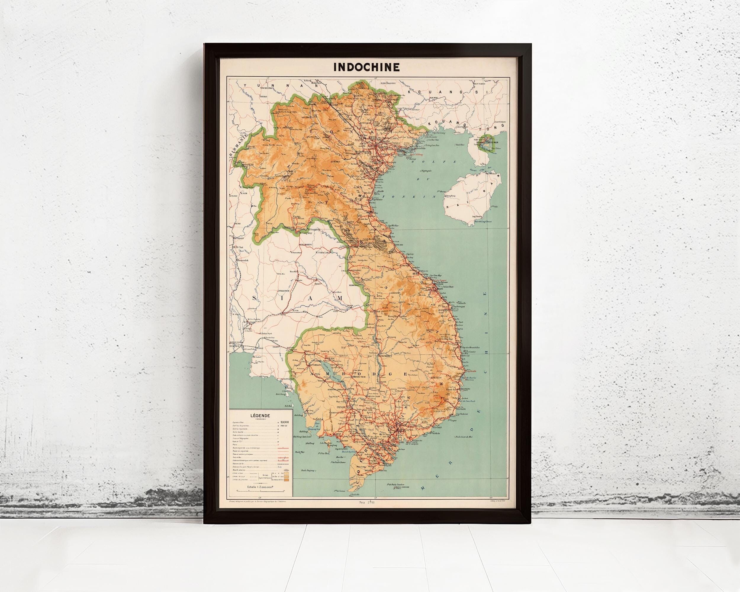 Old Map of Indochina 1937 Vintage Map | Vintage Map Wall Art Print