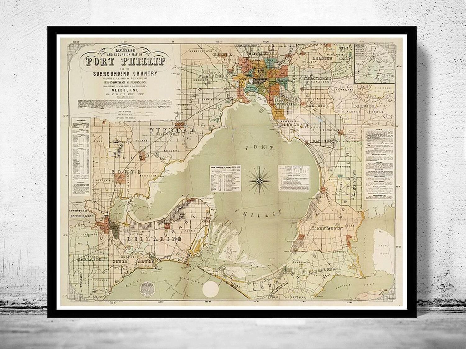Vintage map of Port Phillip and Melbourne bay, Australia 1886  | Vintage Map Wall Art Print