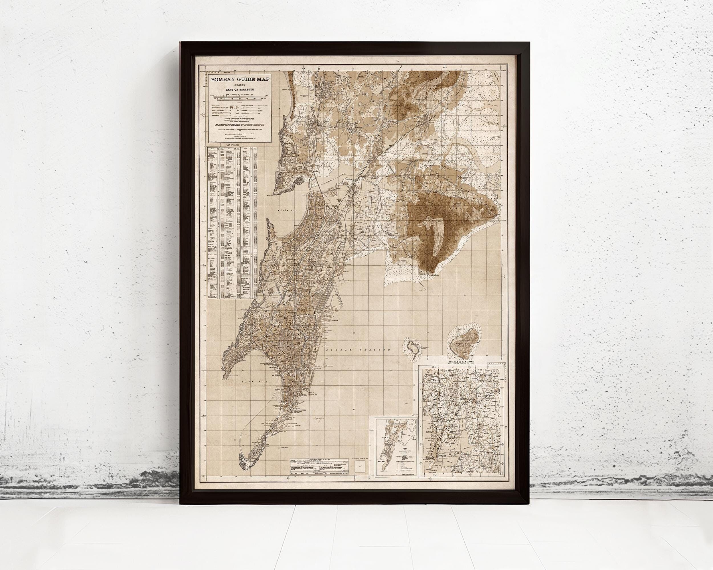 Old Map of Bombay 1933 Mumbai India Sepia Vintage Map | Vintage Map Wall Art Print