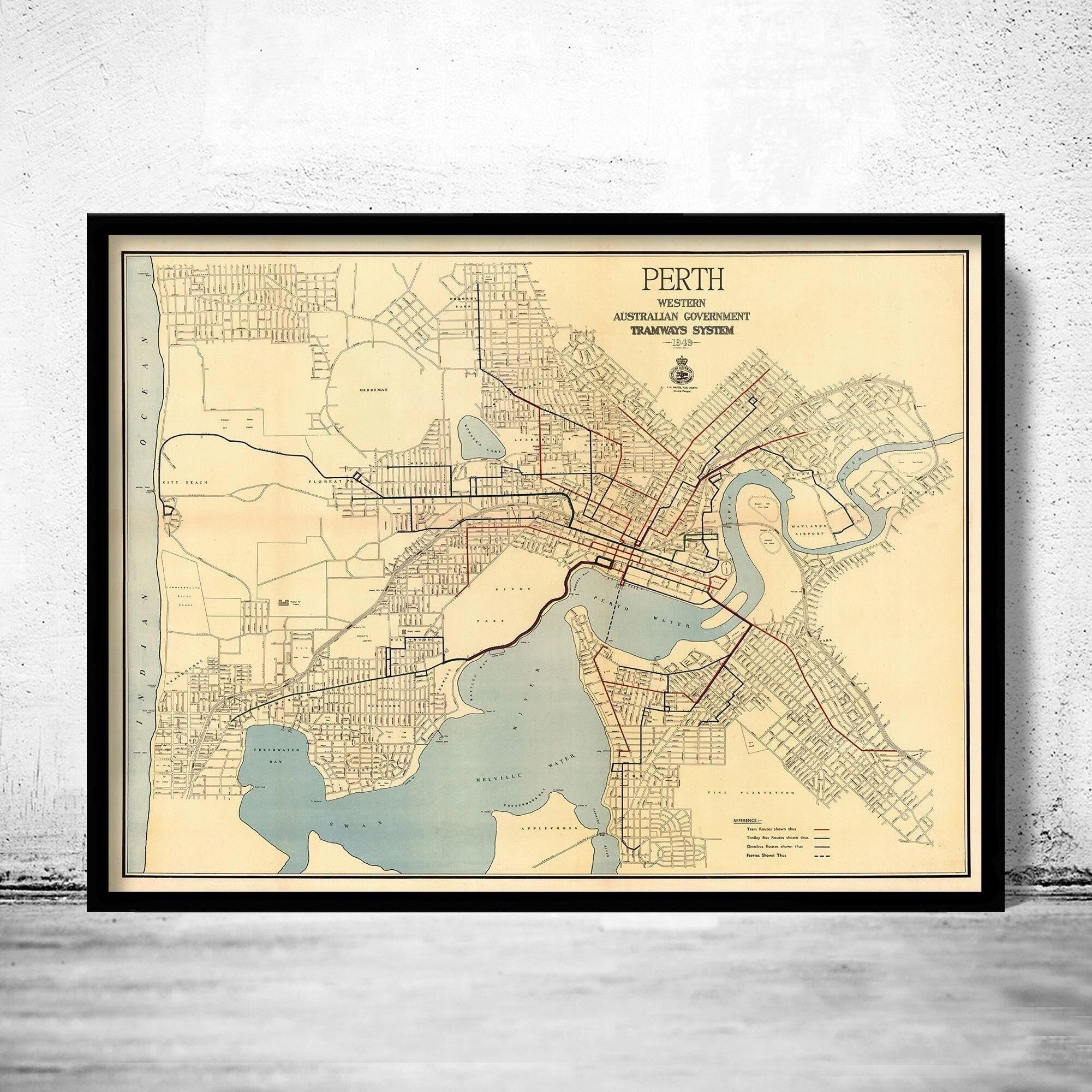 Old map of Perth Australia 1949 Vintage Map | Vintage Map Wall Art Print