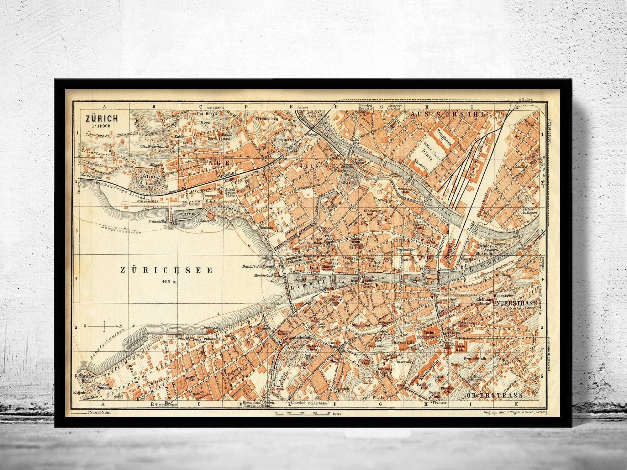 Old Map of Zurich Switzerland 1913 Vintage Map | Vintage Map Wall Art Print